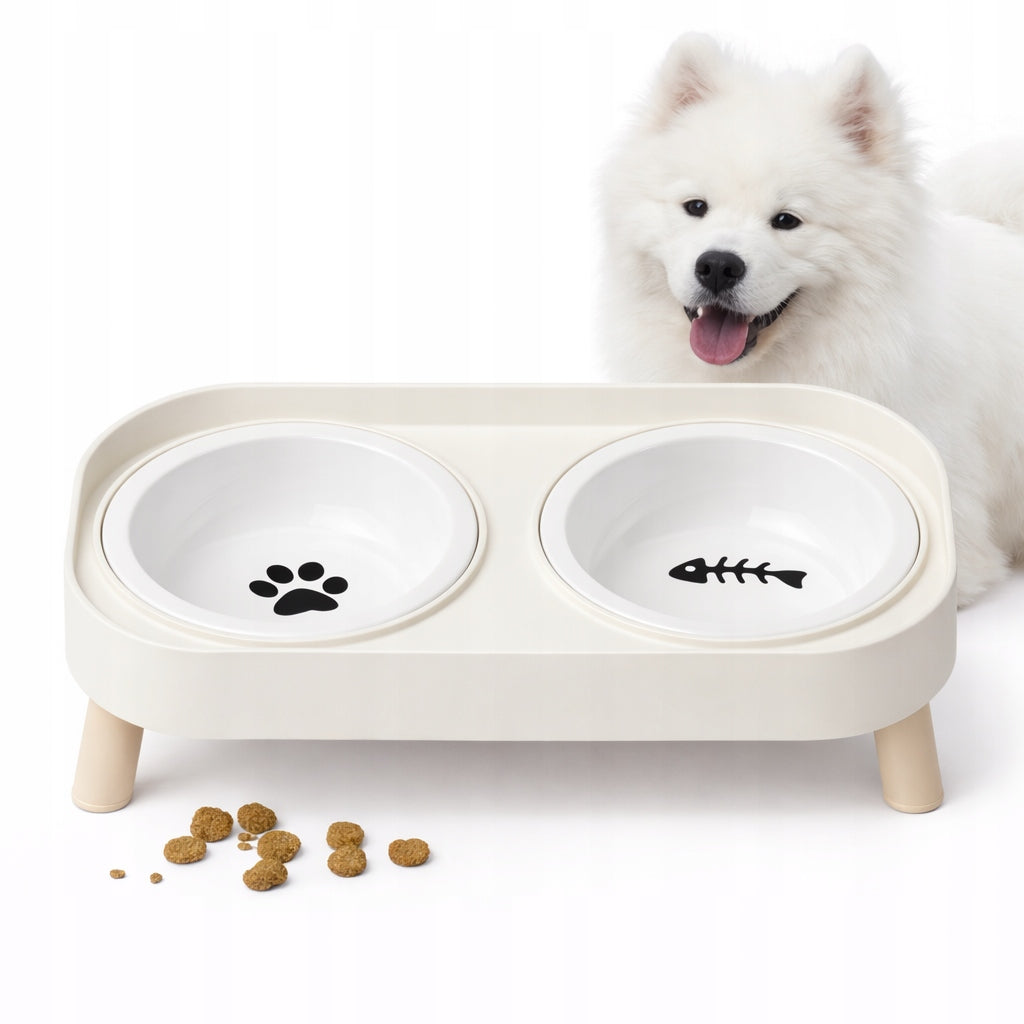 SET OF 2 CERAMIC BOWLS WITH TRAY ON DOG AND CAT STAND 2x300 ml