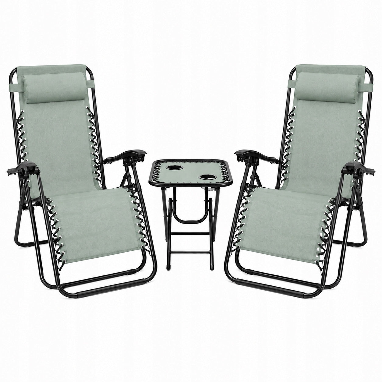 SET OF 2 GARDEN SUN LOUNGERS WITH TABLE Adjustable GREEN BLACK FRAME Terrace Kind sunbed