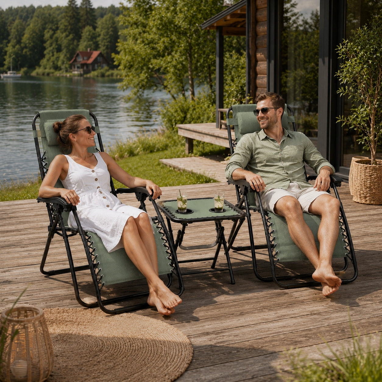 SET OF 2 GARDEN SUN LOUNGERS WITH TABLE Adjustable GREEN BLACK FRAME Terrace Manufacturer code DELUX 2+1 ZC