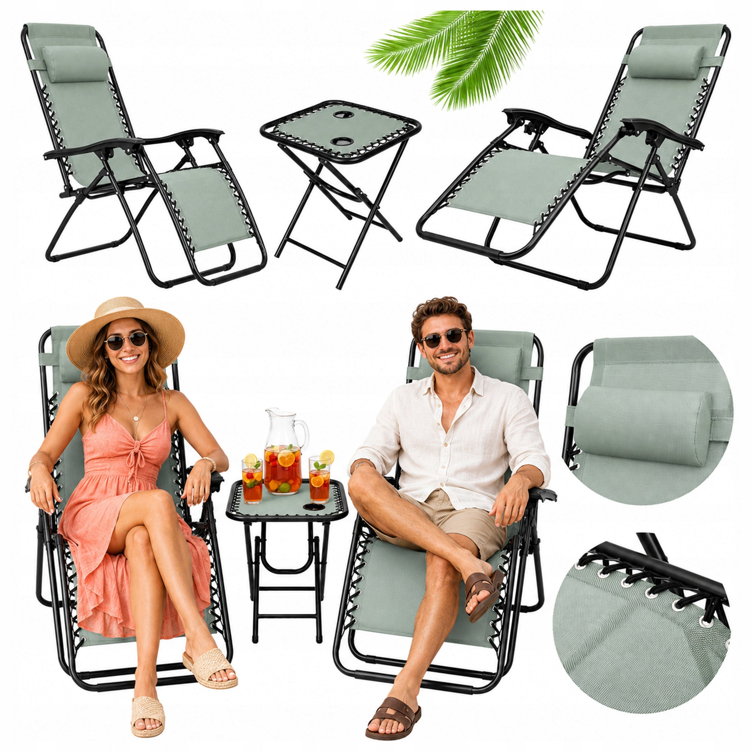 SET OF 2 GARDEN SUN LOUNGERS WITH TABLE Adjustable GREEN BLACK FRAME Terrace