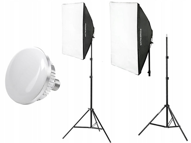 SET OF 2 x LED LAMP 850W 5500K with remote control SOFTBOX 50x70cm E27 tripod 215cm Brand Powerlux