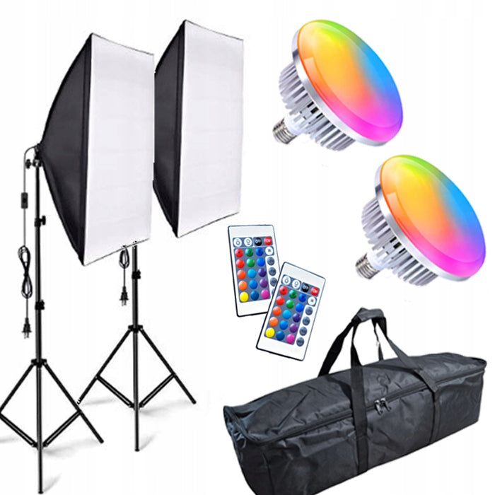 SET OF 2 x LED STUDIO LAMP 400W RGB + SOFTBOX 50X70cm + TRIPOD + CASE