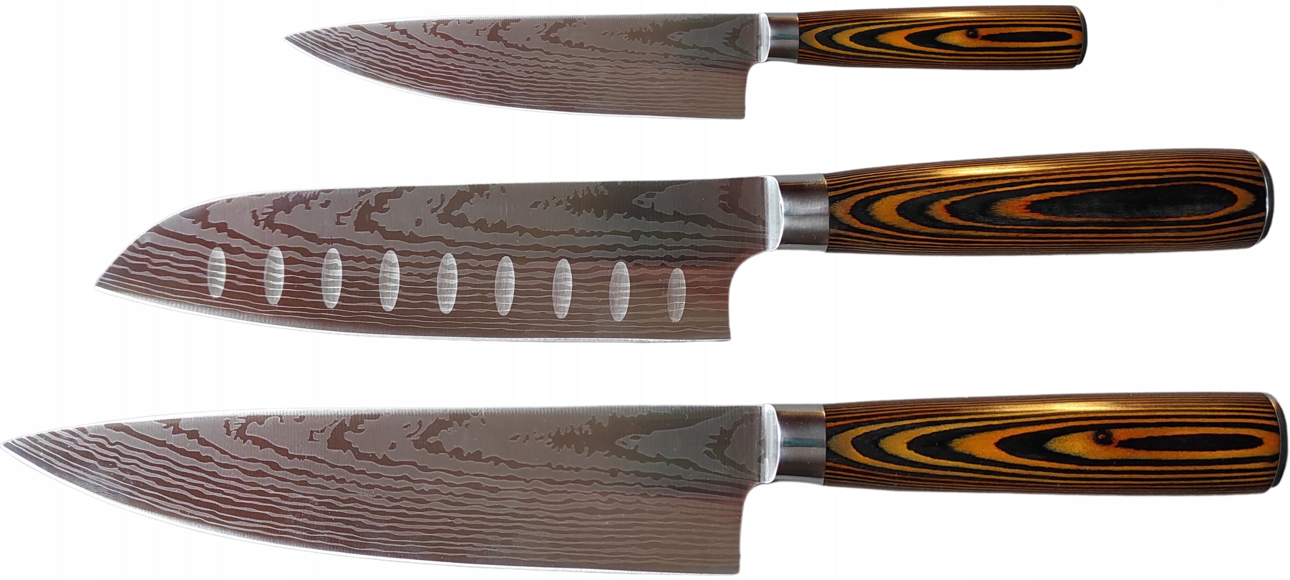 SET OF 3 KITCHEN KNIVES JAPANESE/DAMASCENE PATTERN IN GIFT BOX Packaging status original