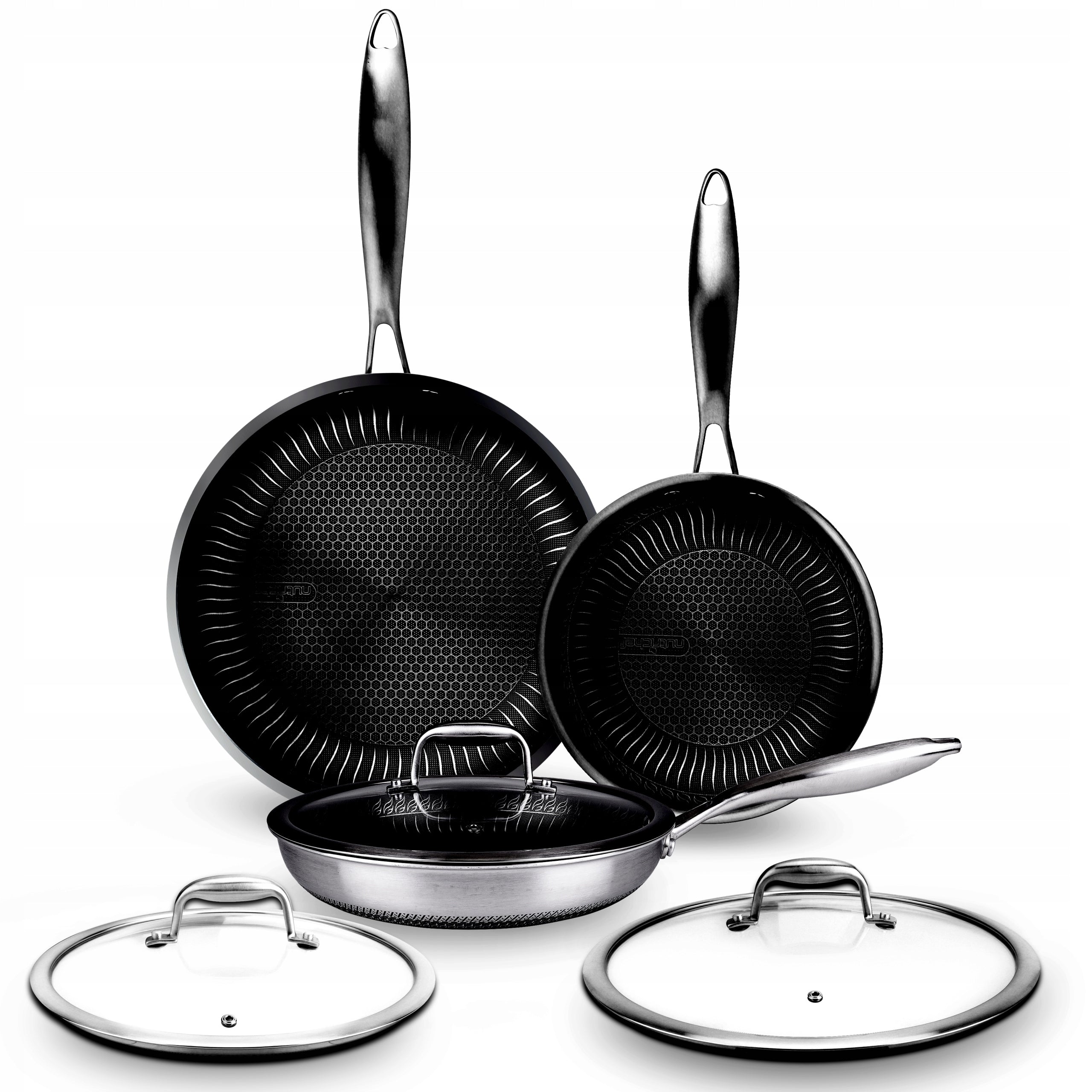 SET OF 3 STAINLESS STEEL PANS WITH LIDS DAKIN TECHNOLOGY