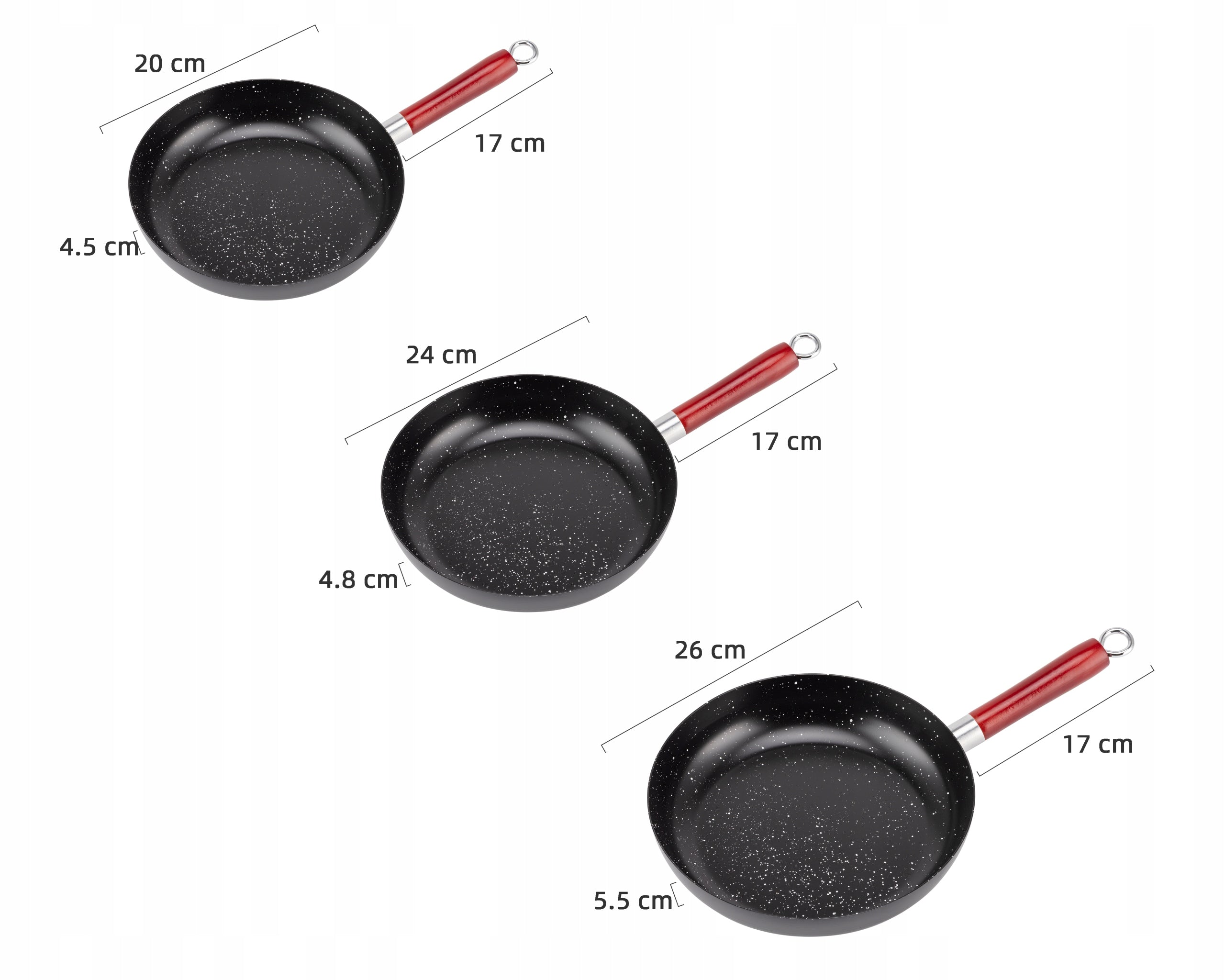 SET OF 3 STEEL PANS 20/24/26 cm WITH STONE COATING WOODEN HANDLE Manufacturer code E-7536