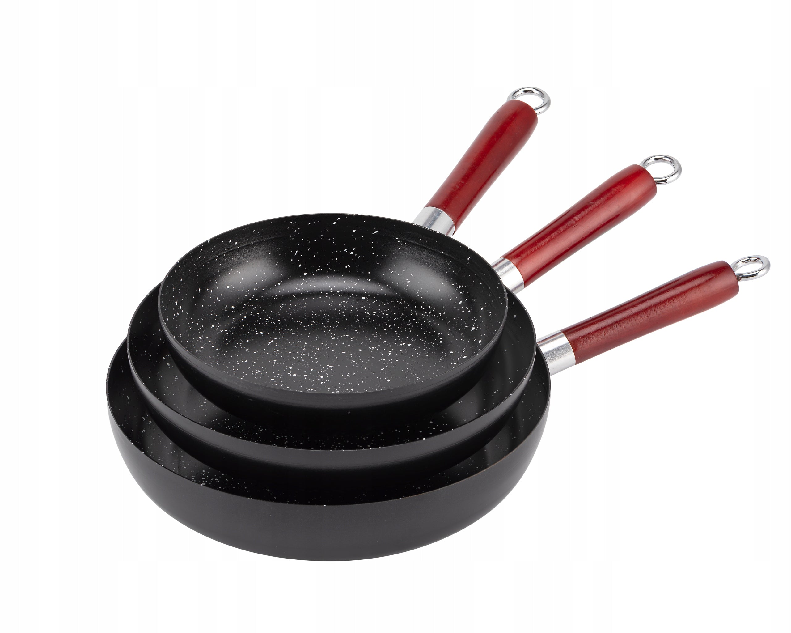 SET OF 3 STEEL PANS 20/24/26 cm WITH STONE COATING WOODEN HANDLE