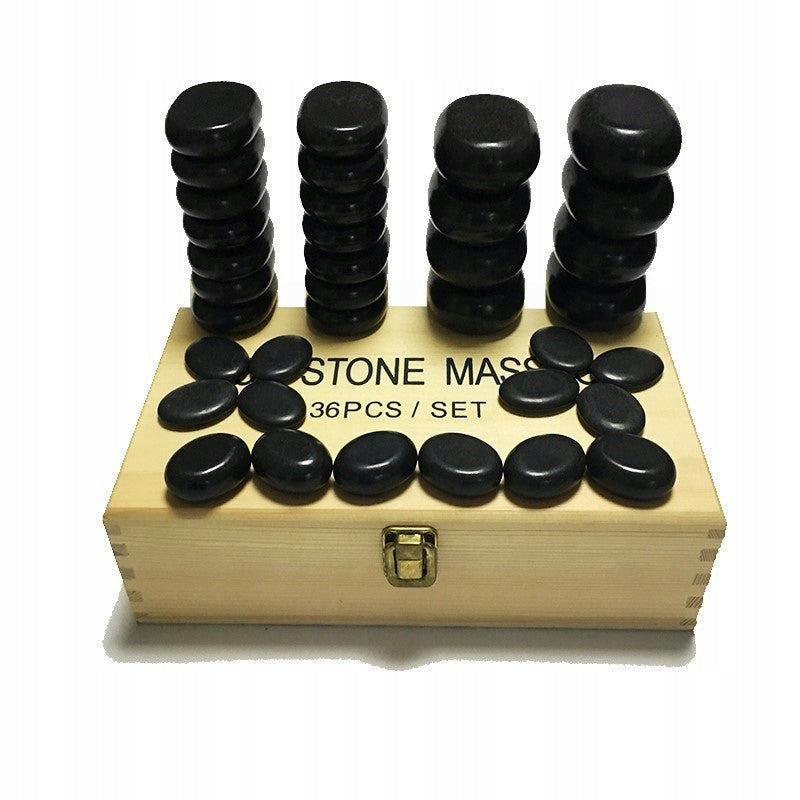 SET OF 36 BASALT STONES FOR SPA MASSAGE WOODEN CHEST
