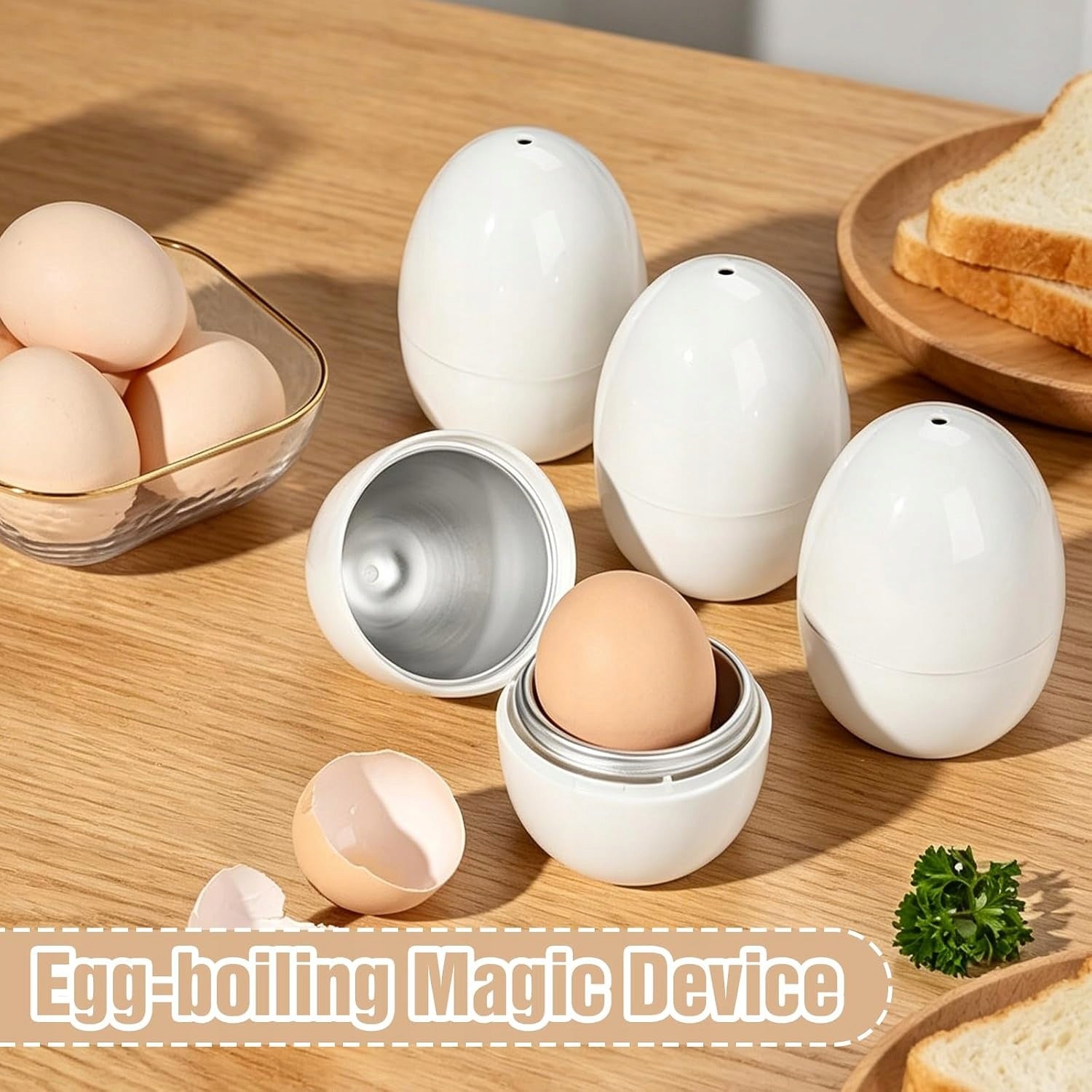 SET OF 4 EGG COOKERS FOR MICROWAVE OVEN ALUMINUM PP Dominant color white