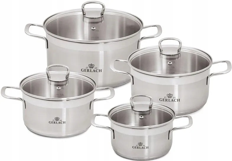 SET OF 4 POTS GERLACH INDUCTION GAS BRAVA STAINLESS STEEL 4 LIDS Packaging status original
