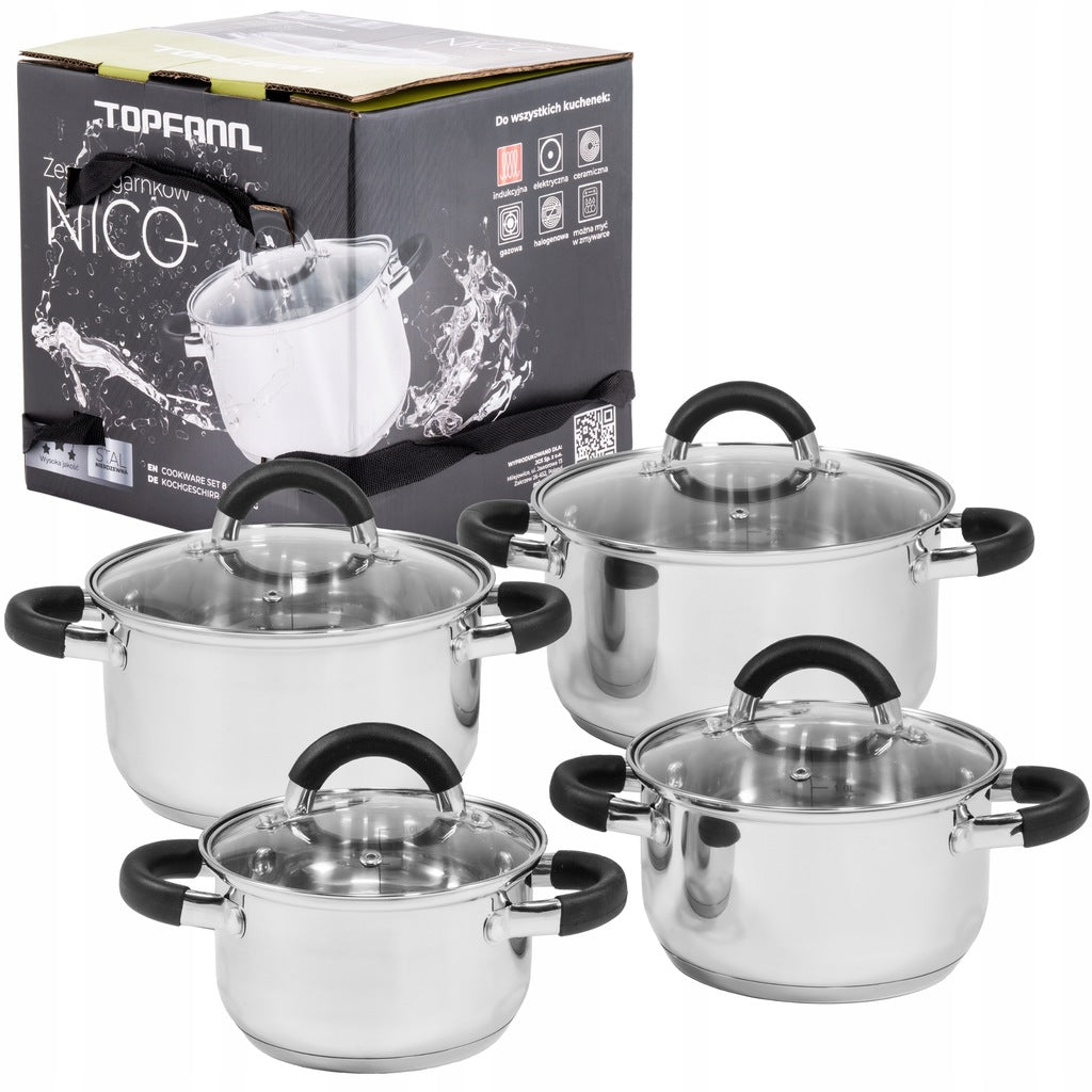 SET OF 4 STAINLESS POTS + COVERS SET OF STEEL POTS INDUCTION GAS