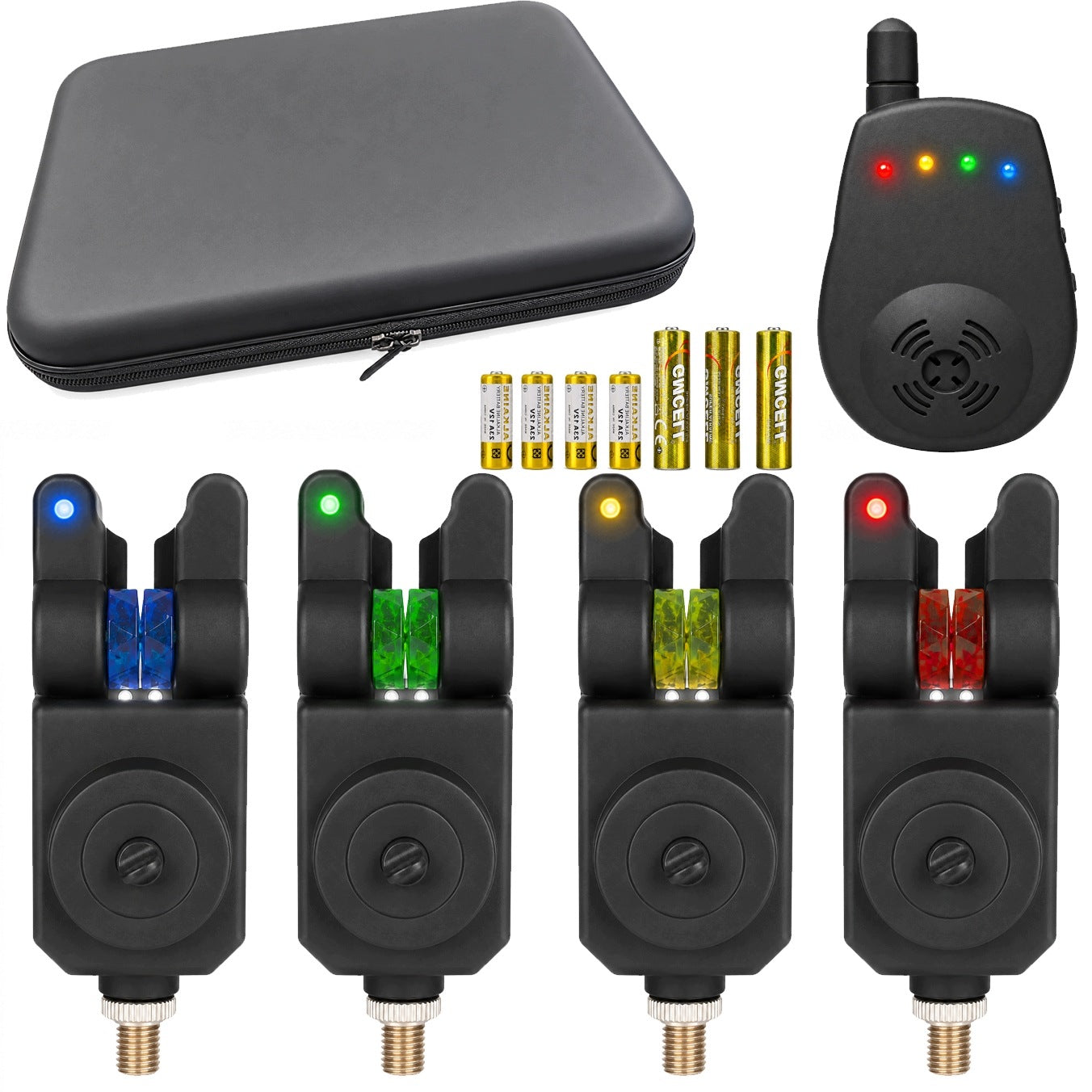 SET OF 4pcs CARP BITE BEACONS + CONTROL PANEL 4+1 batteries + SUITCASE