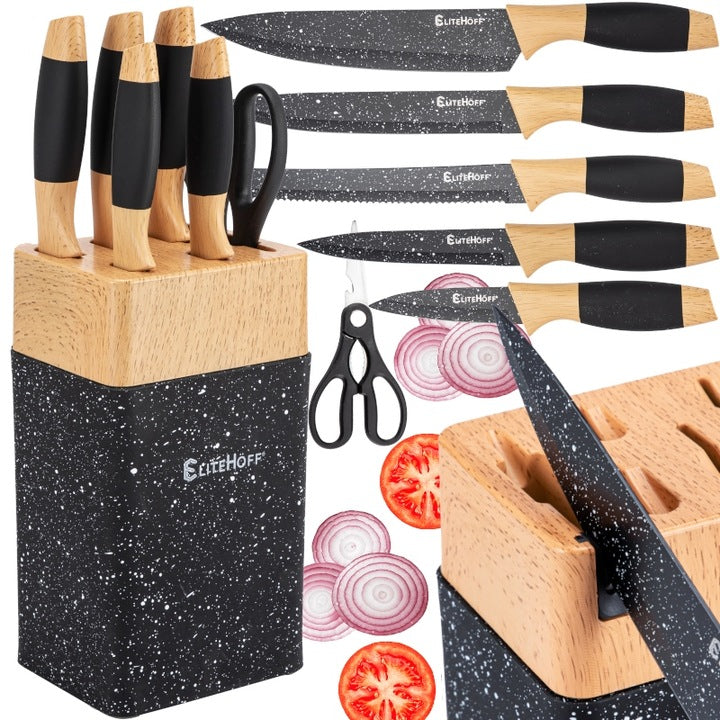 SET OF 5 KITCHEN KNIVES IN BLOCK RACK WITH KNIFE SHARPENER + SCISSORS