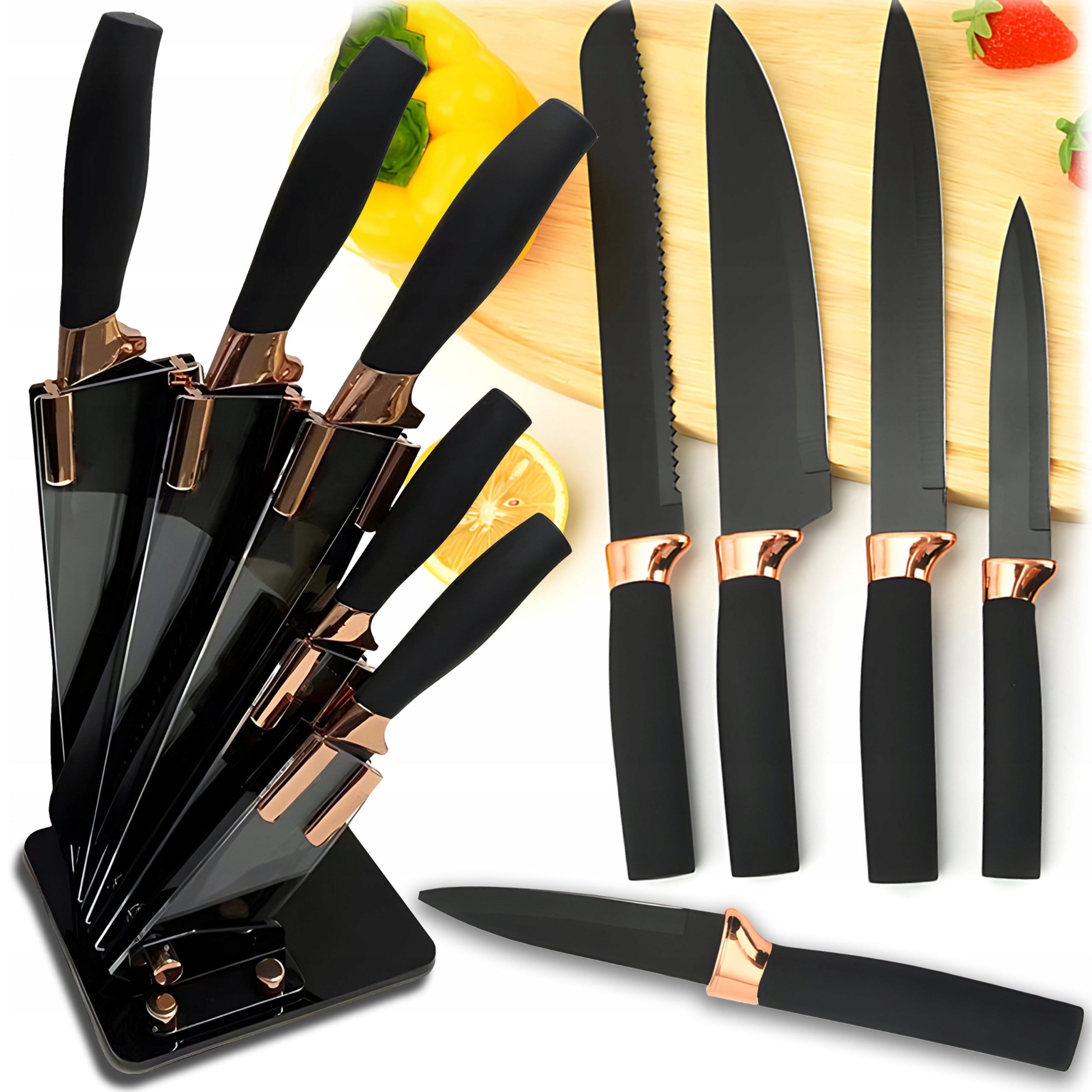 SET OF 5 KITCHEN KNIVES IN BLOCK SET SHARP KITCHEN KNIVES RACK BLACK