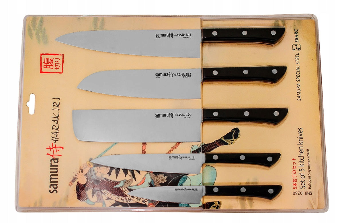 SET OF 5 KITCHEN KNIVES SAMURA HARAKIRI JAPANESE STEEL AUS-8 58HRC Packaging status original