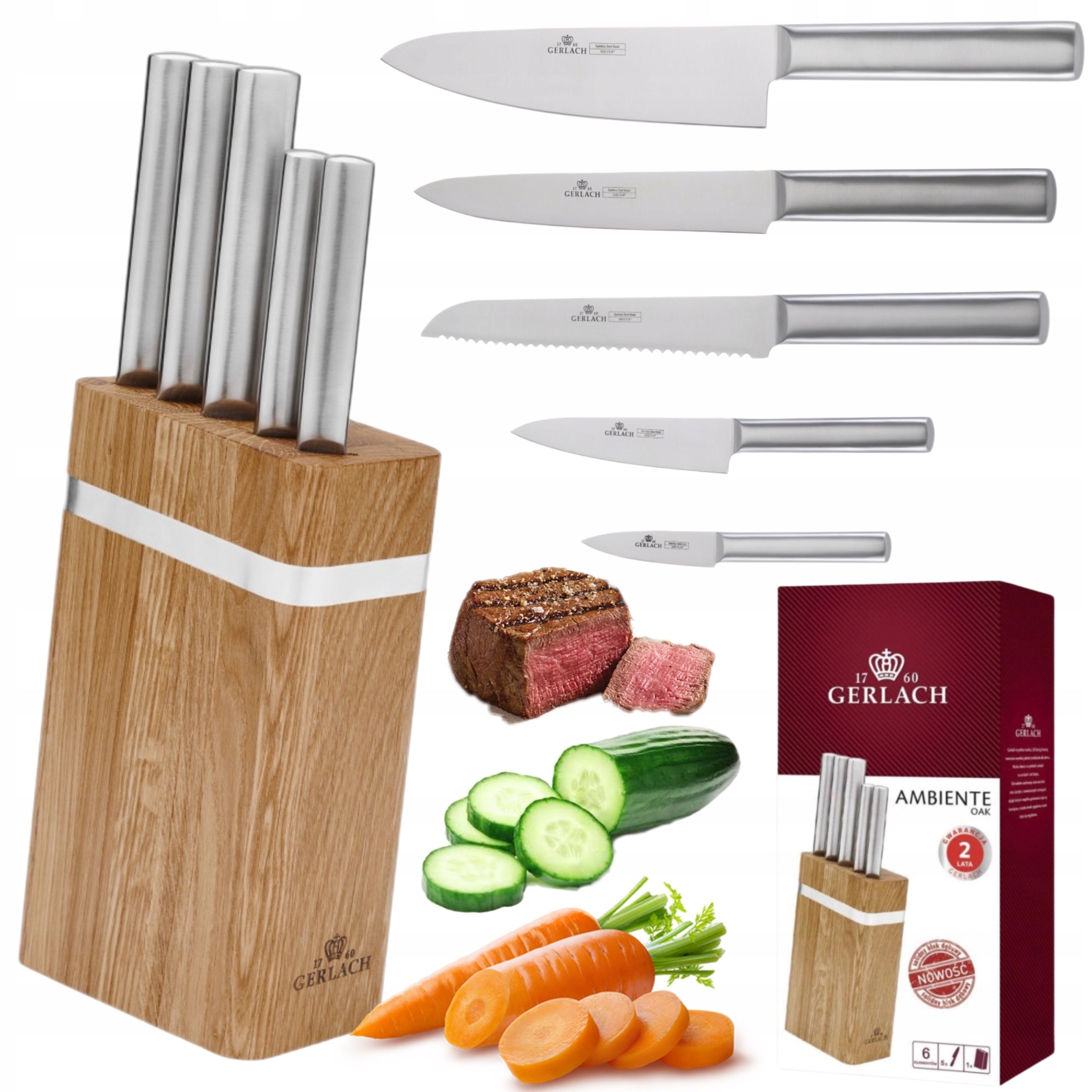 SET OF 5 KNIVES GERLACH AMBIENTE OAK IN WOODEN BLOCK KITCHEN SET