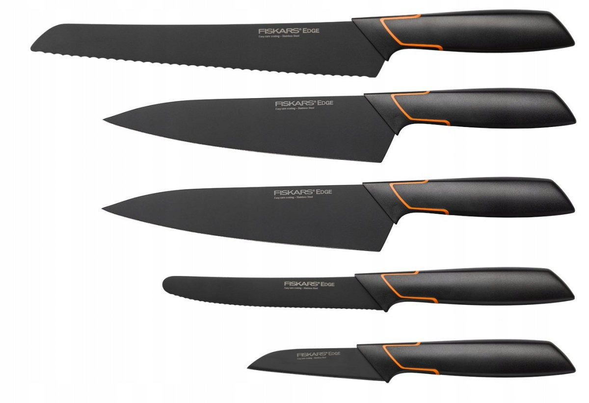 SET OF 5 KNIVES IN BLOCK FISKARS EDGE SET KITCHEN KNIVES BLACK SHARP SOLID Brand Fiskars