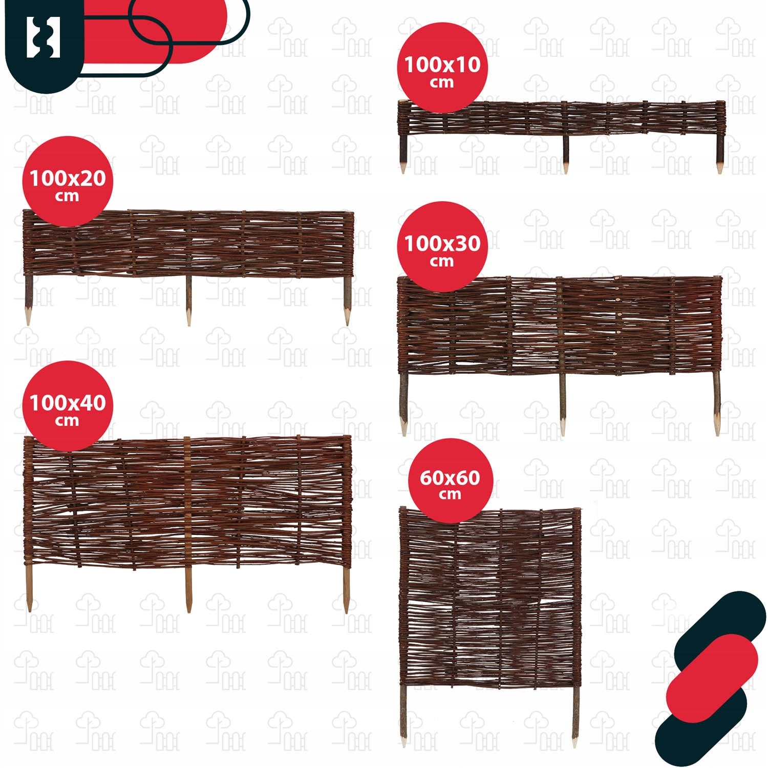SET OF 5X GARDEN PALISADE WICKER EDGING FENCE HAMMERED FENCE 100X30CM Color brown