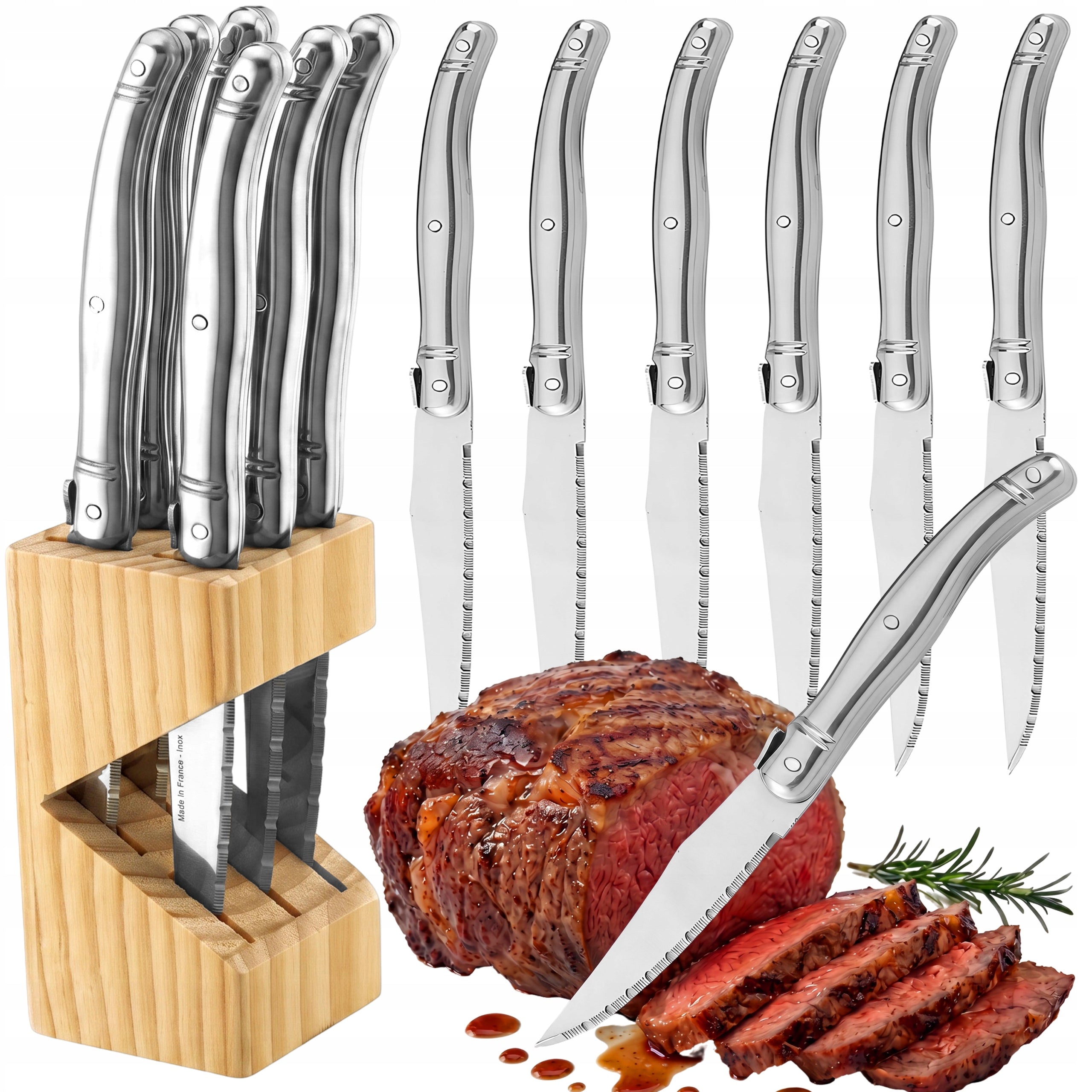 SET OF 6 KITCHEN KNIVES SET STAINLESS STEEL 7 ELEMENTS IN A SHARP BLOCK