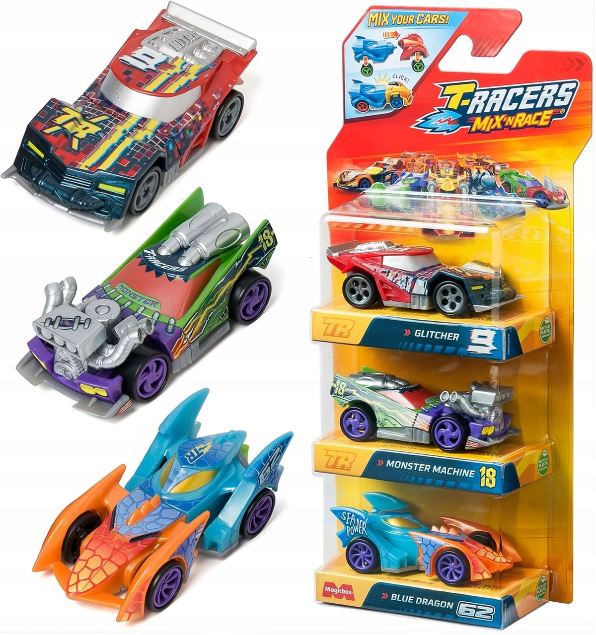 SET OF 6 VEHICLES CARS T-RACERS MIX'N RACE RACING CARS Brand Magicbox