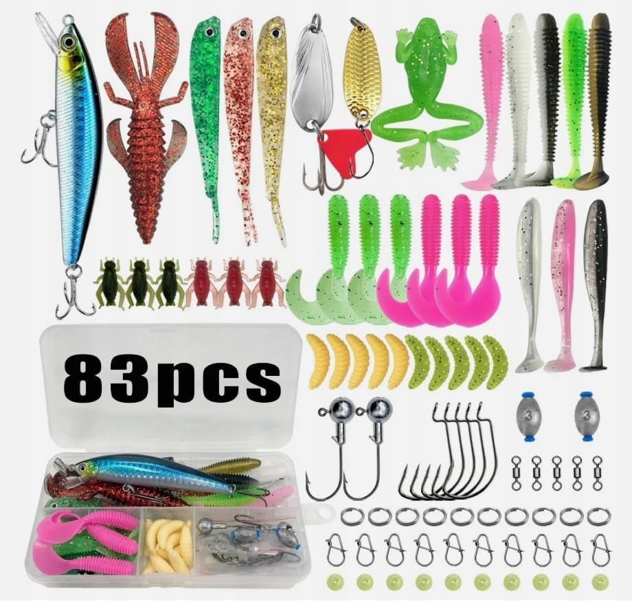 SET OF 83pcs Fishing LURES FOR SPINNING +BOX ripper wobbler twister