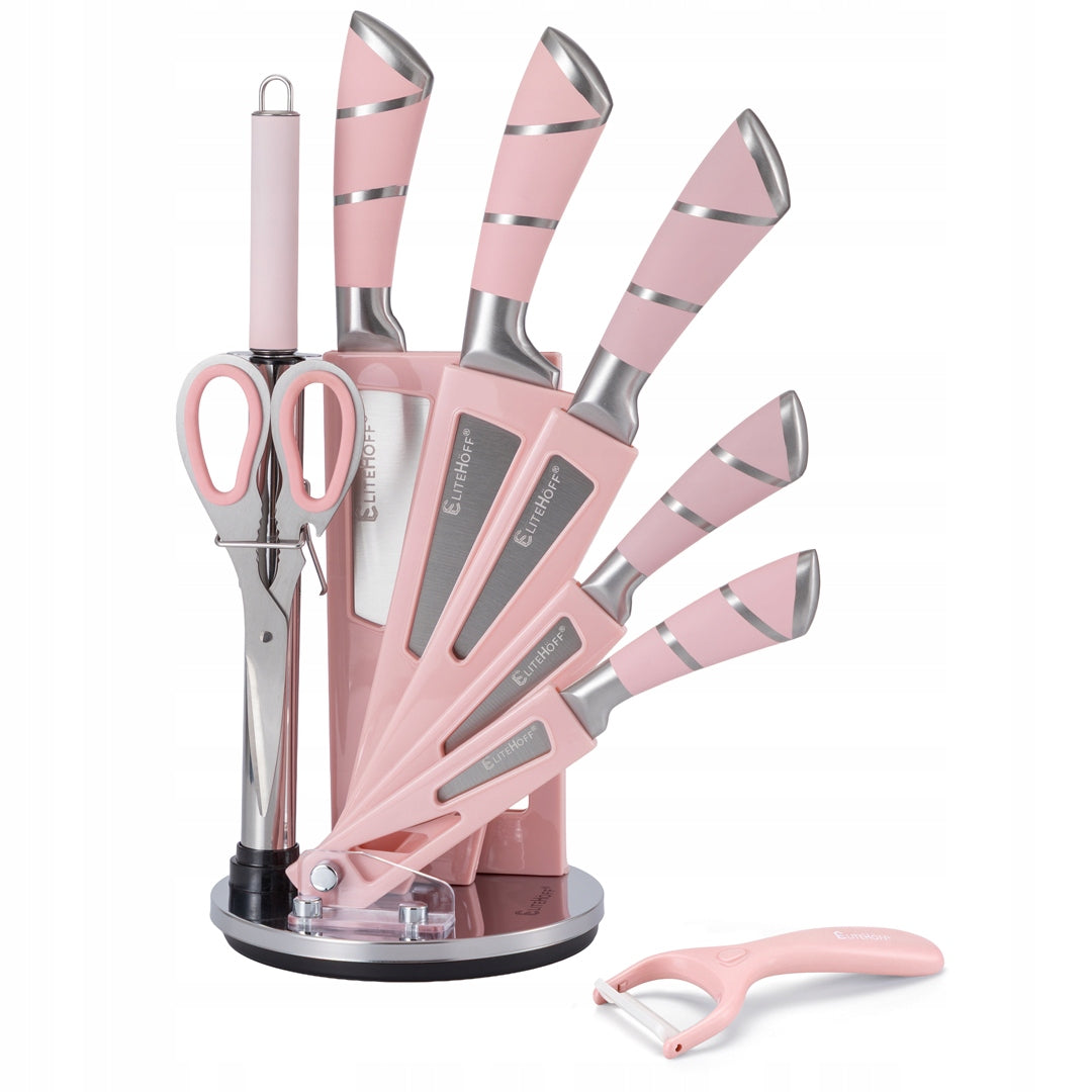 SET OF 9 ELEMENT KITCHEN KNIVES IN A STAND WITH SHARPENER AND SHEARS pink Packaging status original