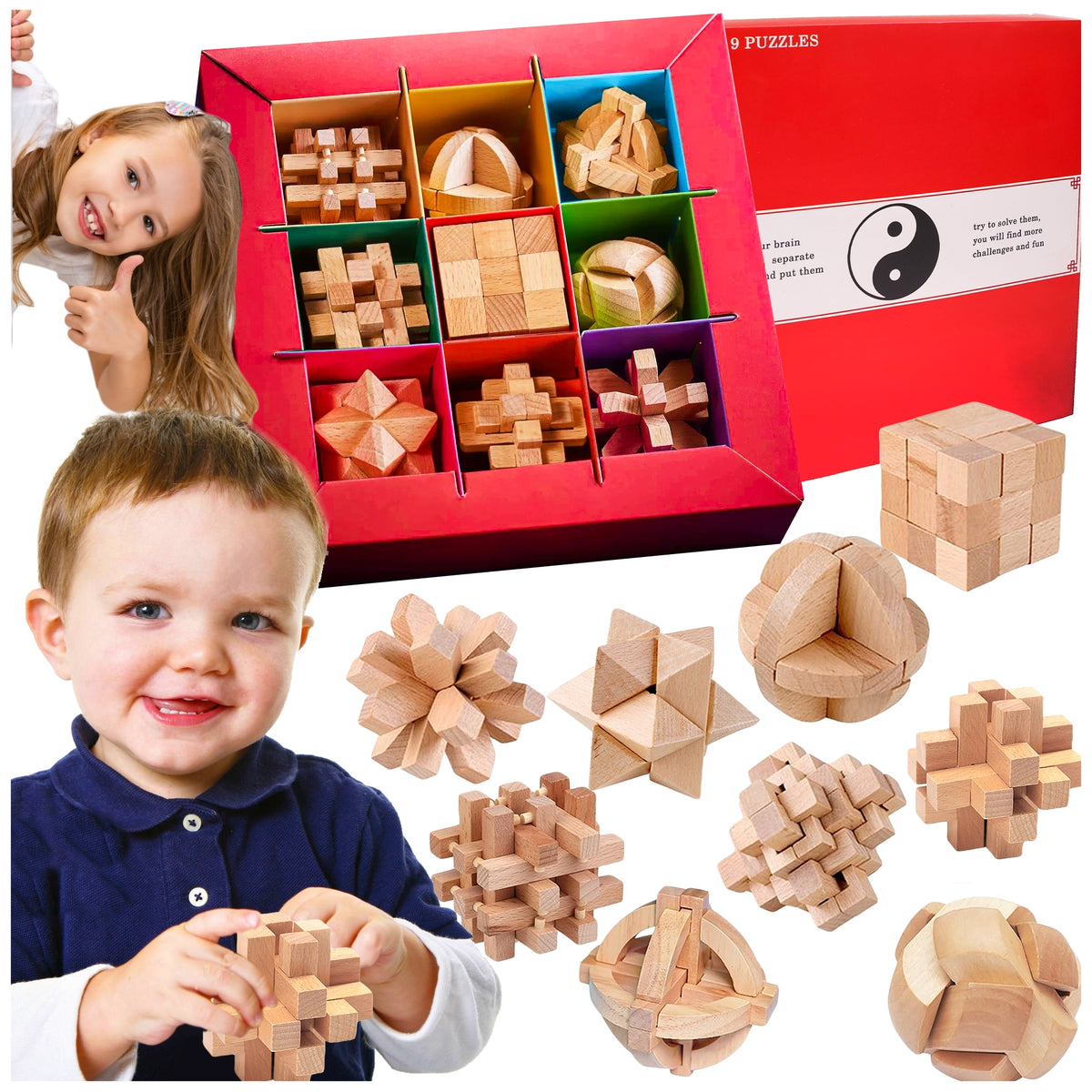 SET OF 9 PUZZLE LOGIC WOODEN PUZZLE BOY'S DAY