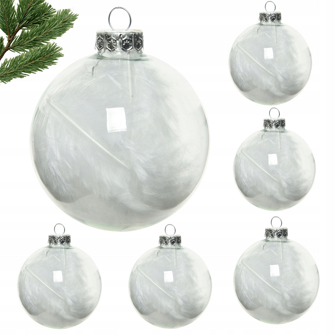 SET OF ACRYLIC BAUBLES with feathers 5+1 FREEBIE - transparent silver