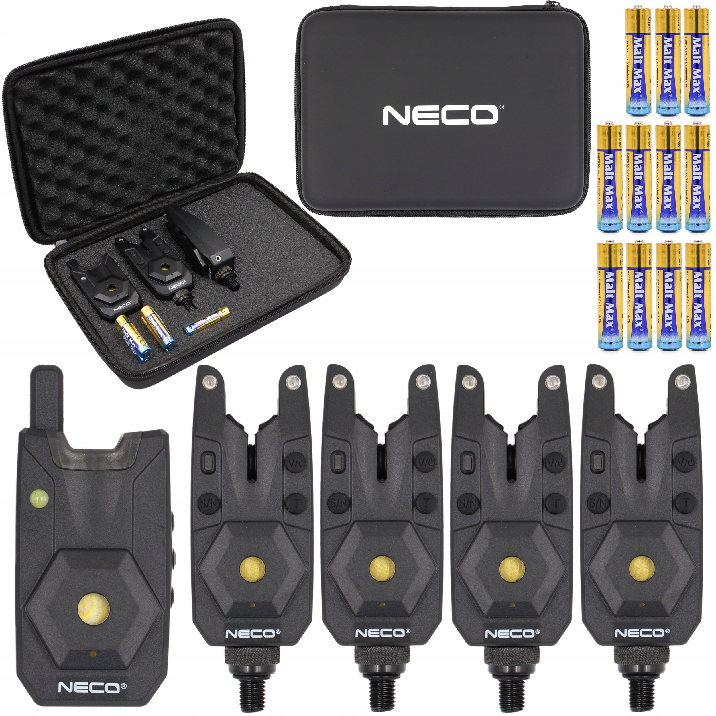 SET OF BITE ALARMS + CONTROL PANEL neco 4+1 BASE-X + batteries + SUITCASE