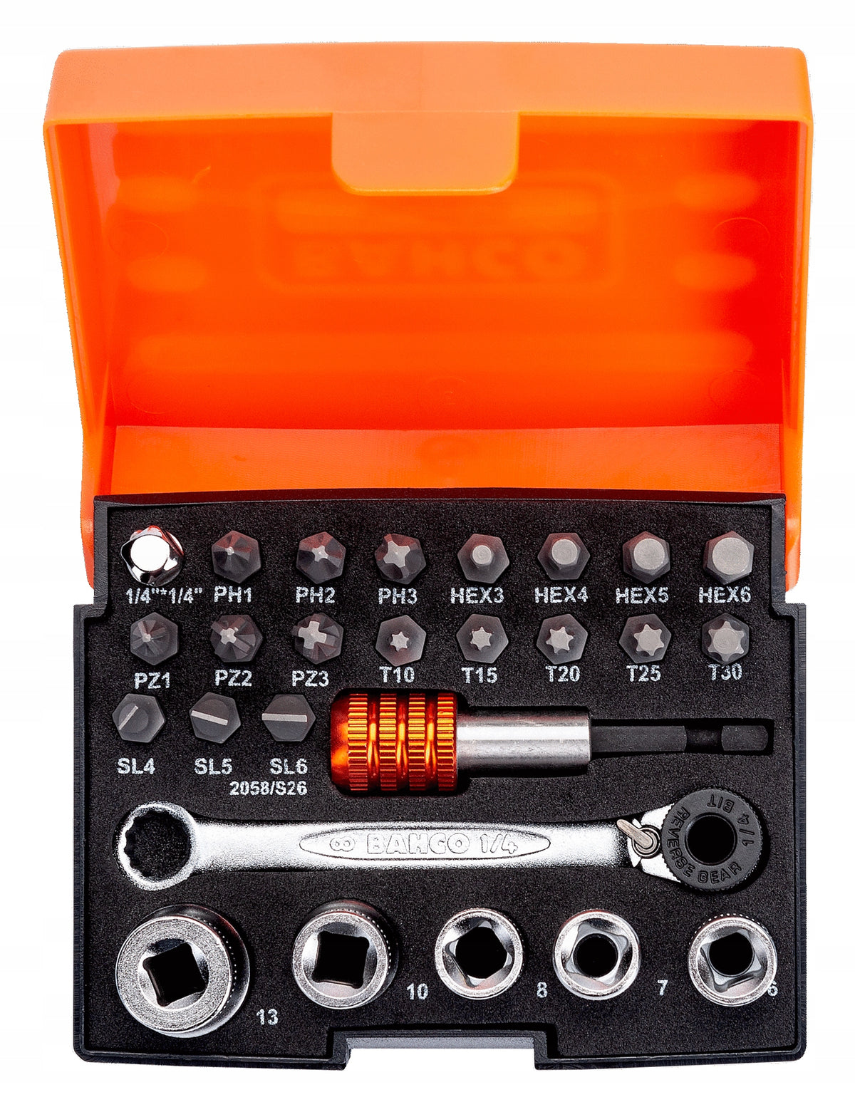 SET OF BITS AND SOCKETS + RATCHET AND ADAPTER 1/4" 26 EL. BAHCO 2058/S26 Manufacturer code 2058/S26