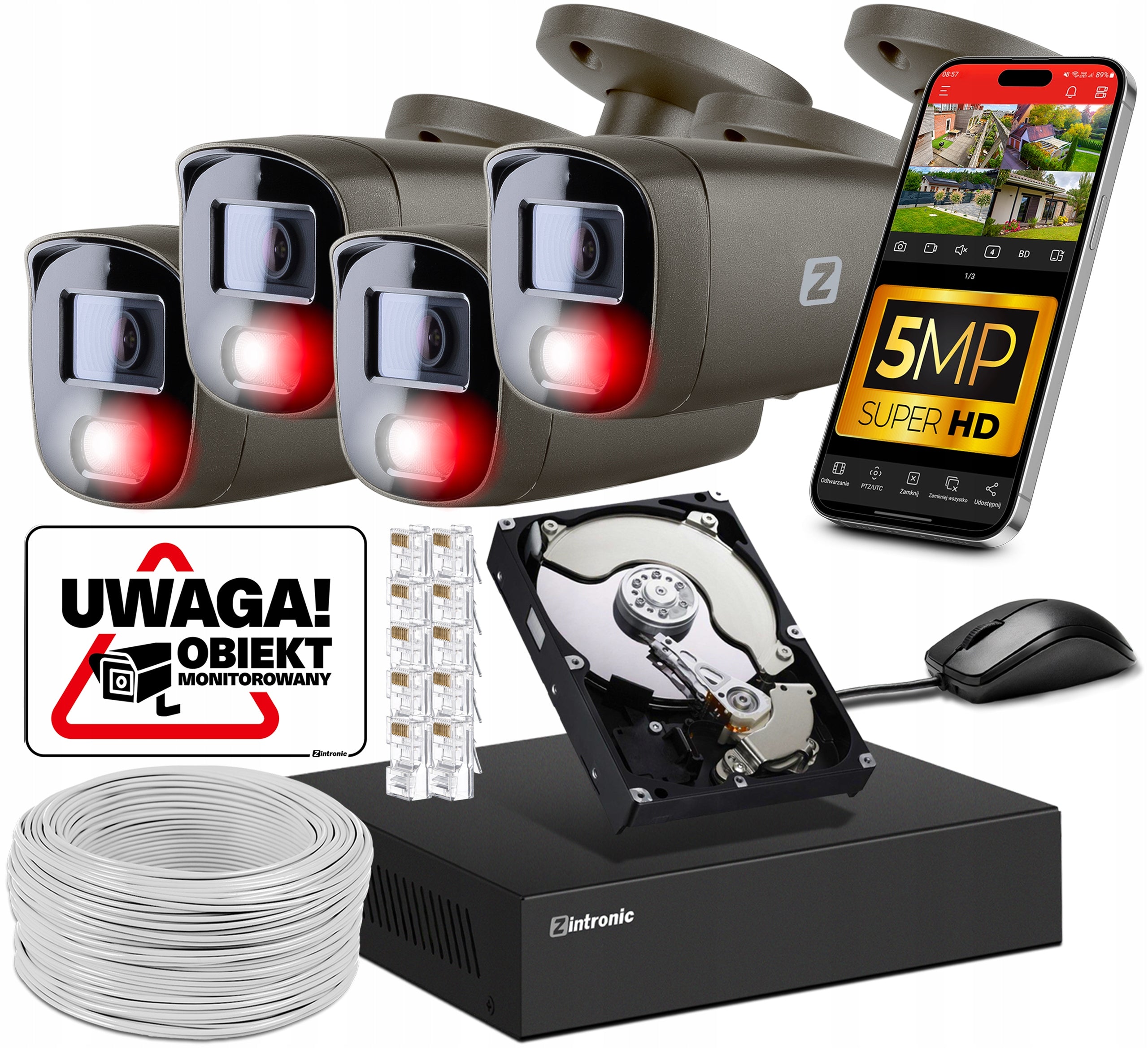 SET OF CAMERAS FOR MONITORING 5MPX IP POE 4 CAMERAS GREY 1TB HUMAN DETECTION