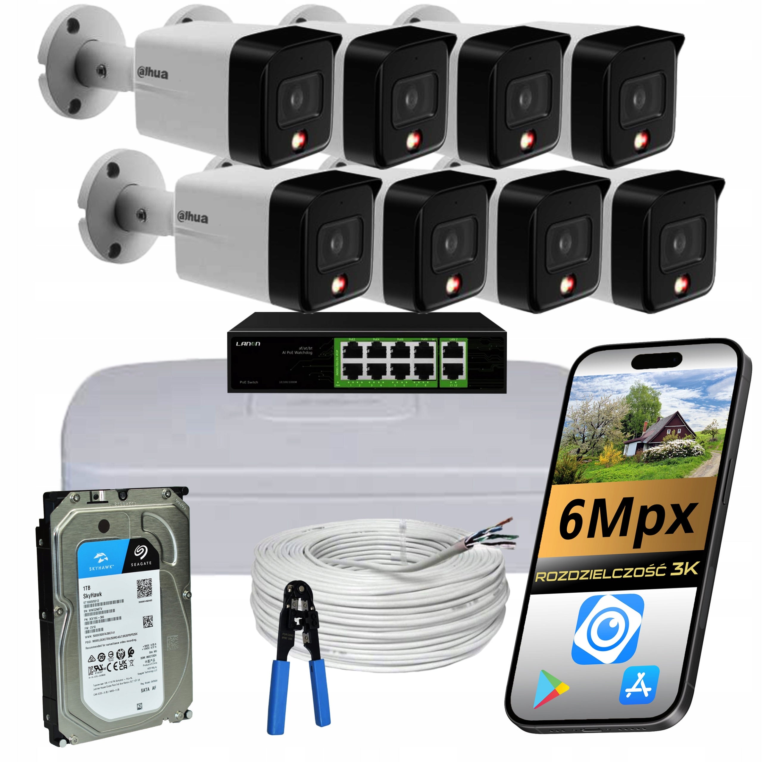 SET OF CAMERAS FOR MONITORING 8 POE IP CAMERAS 6Mpx TUBE DUAL LED DAHUA 1TB
