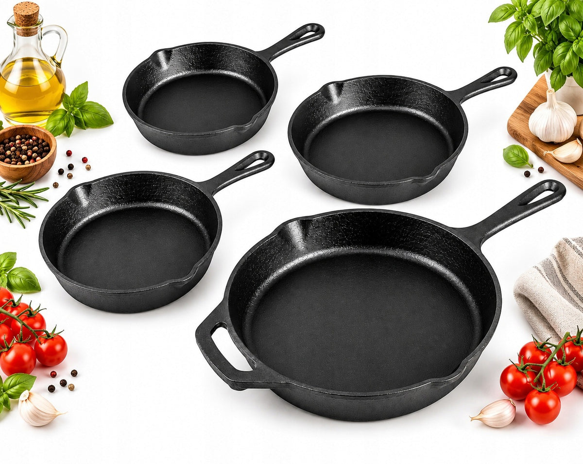 SET OF CAST IRON PANS 16,20,25,30 cm INDUCTION FIREPLACE GRILL GAS PAN