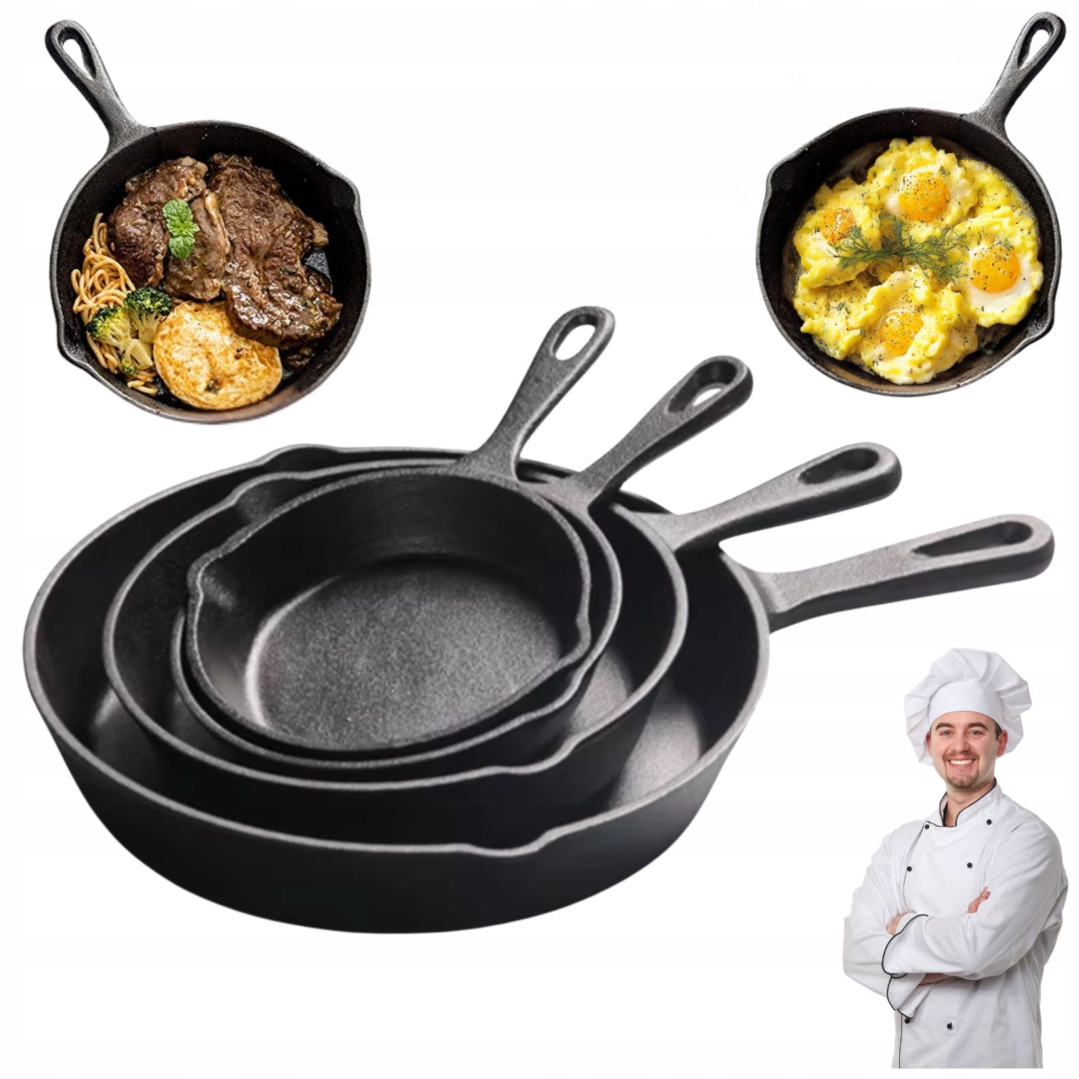 SET OF CAST IRON PANS 16,20,25,30cm INDUCTION FIREPLACE GRILL GAS PAN