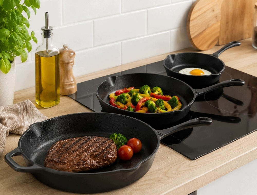 SET OF CAST IRON PANS 20 25 30cm INDUCTION GAS OVEN GRILL GIEREKHOFF Packaging status original