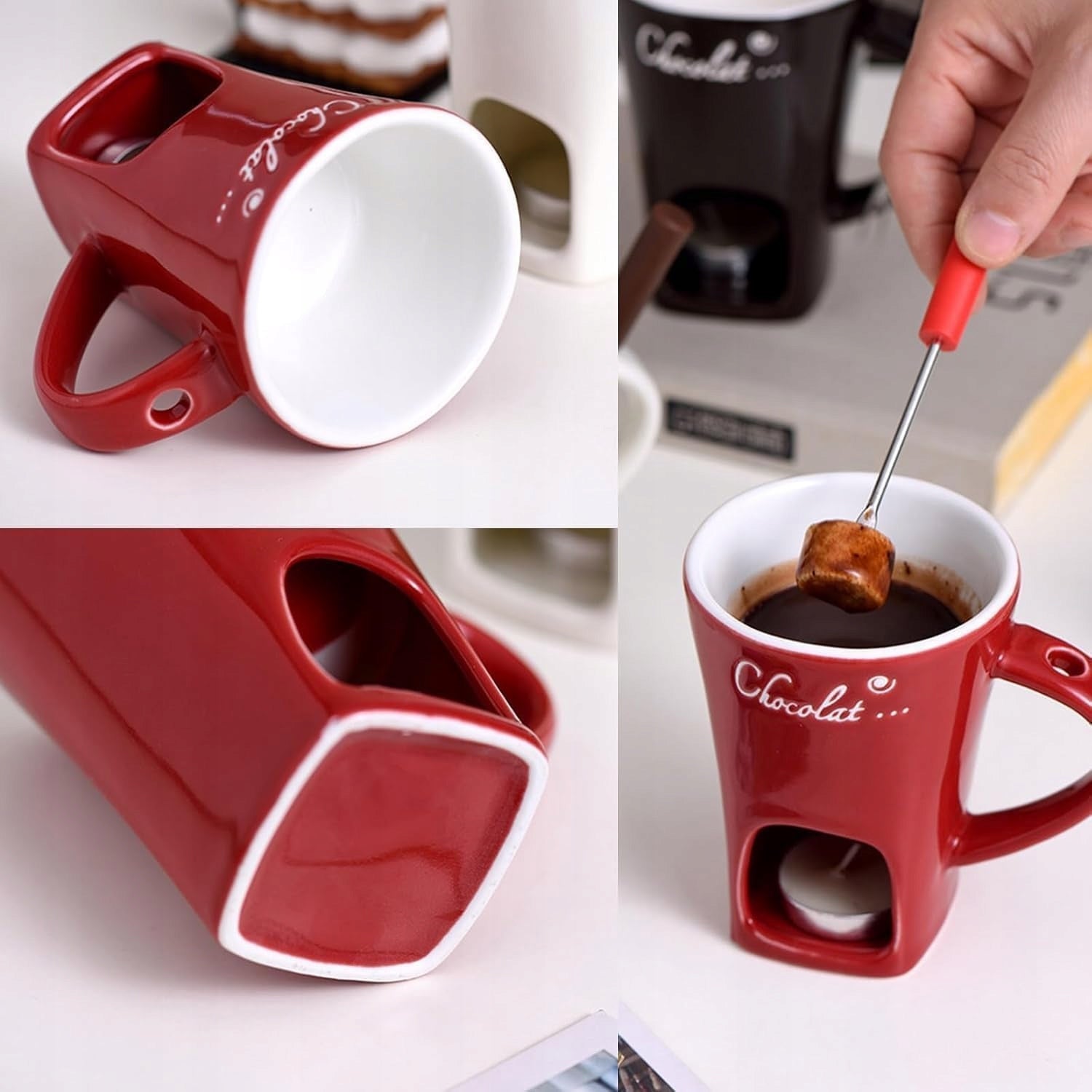 SET OF CHOCOLATE FONDUE 200ML CERAMIC MUG FORK HEATER Brand no brand