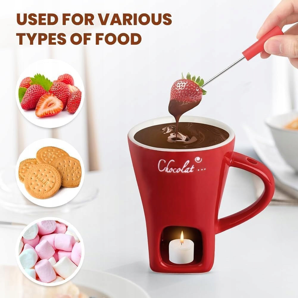 SET OF CHOCOLATE FONDUE 200ML CERAMIC MUG FORK HEATER Customs tariff code 69120023