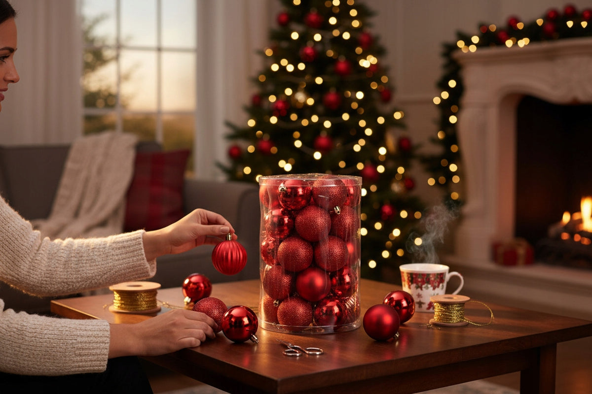 SET OF CHRISTMAS BALLS RED MIX 34x 4CM UNBREAKABLE FOR CHRISTMAS TREE REED Manufacturer code ZESTAW 34 BOMBKI CHOINKOWE CZERWONE