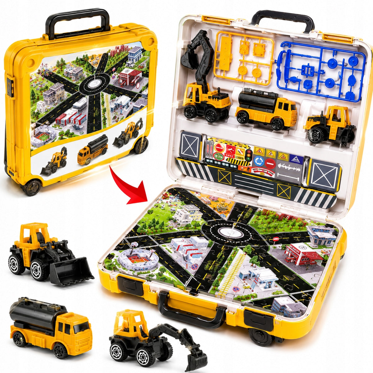 SET OF CONSTRUCTION VEHICLES IN A SUITCASE ON WHEELS BOARD PUZZLE CAR GIFT