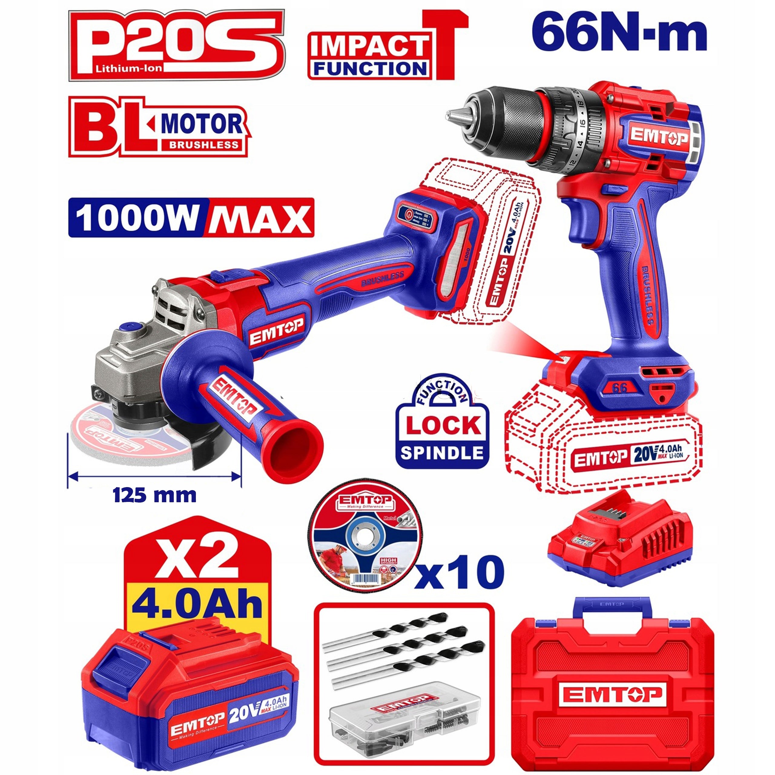 SET OF CORDLESS TOOLS 20V GRINDER + SCREWDRIVER EMTOP