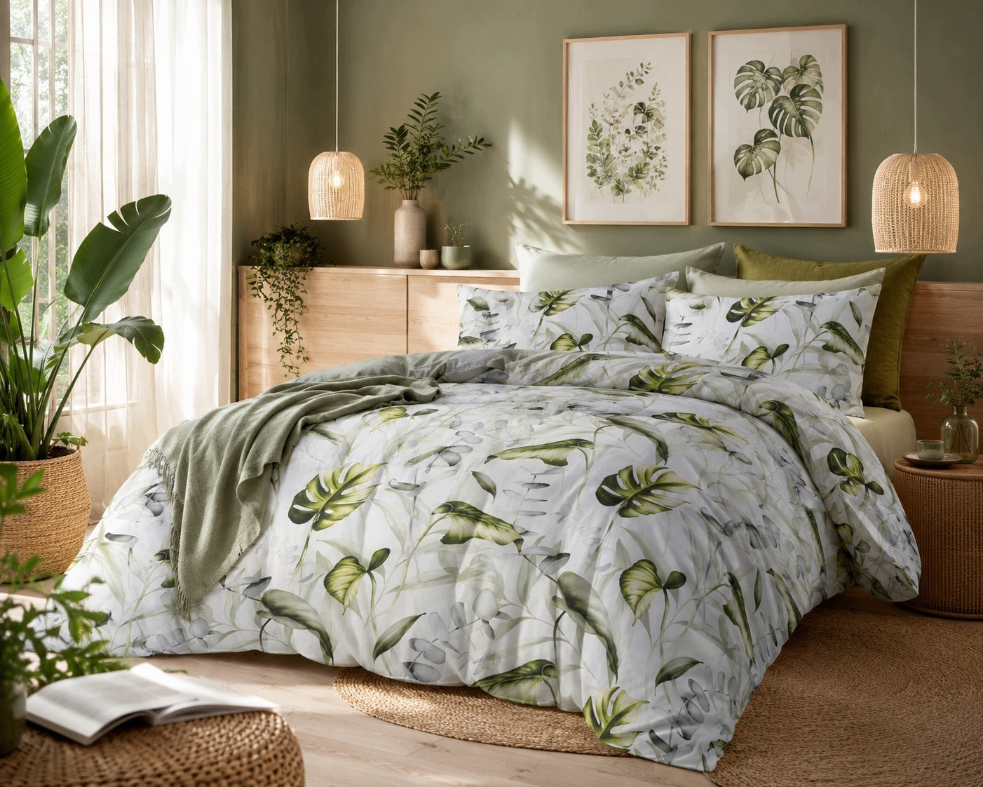 SET OF COTTON BEDDING MONSTERA 140 X 200 CM WHITE BOTANIC Packaging status original