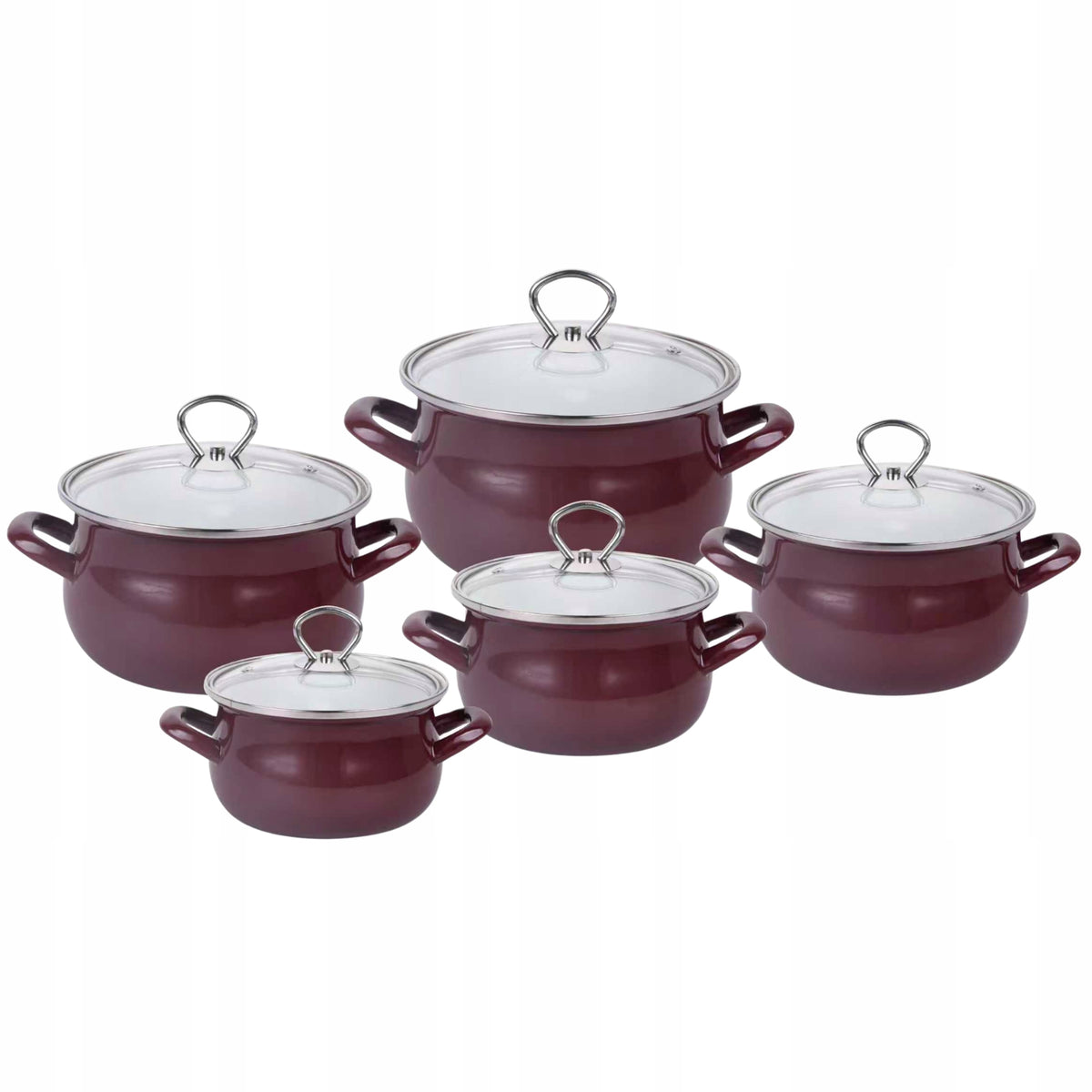SET OF ENAMEL POTS BURGUNDY ENAMEL POT LIDS 10EL
