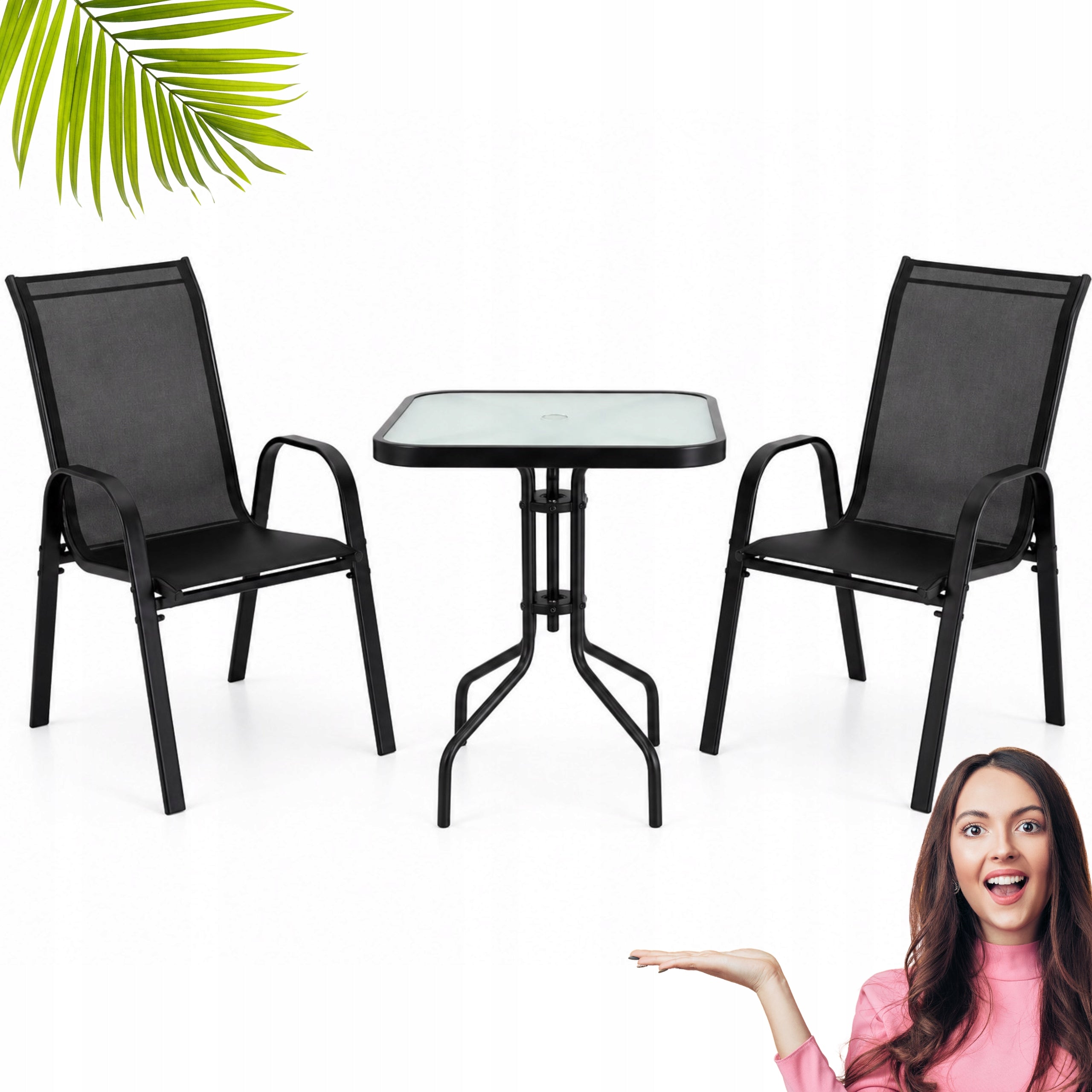 SET OF FURNITURE FOR SMALL BALCONY TERRACE CHAIRS SQUARE TABLE BLACK AY008