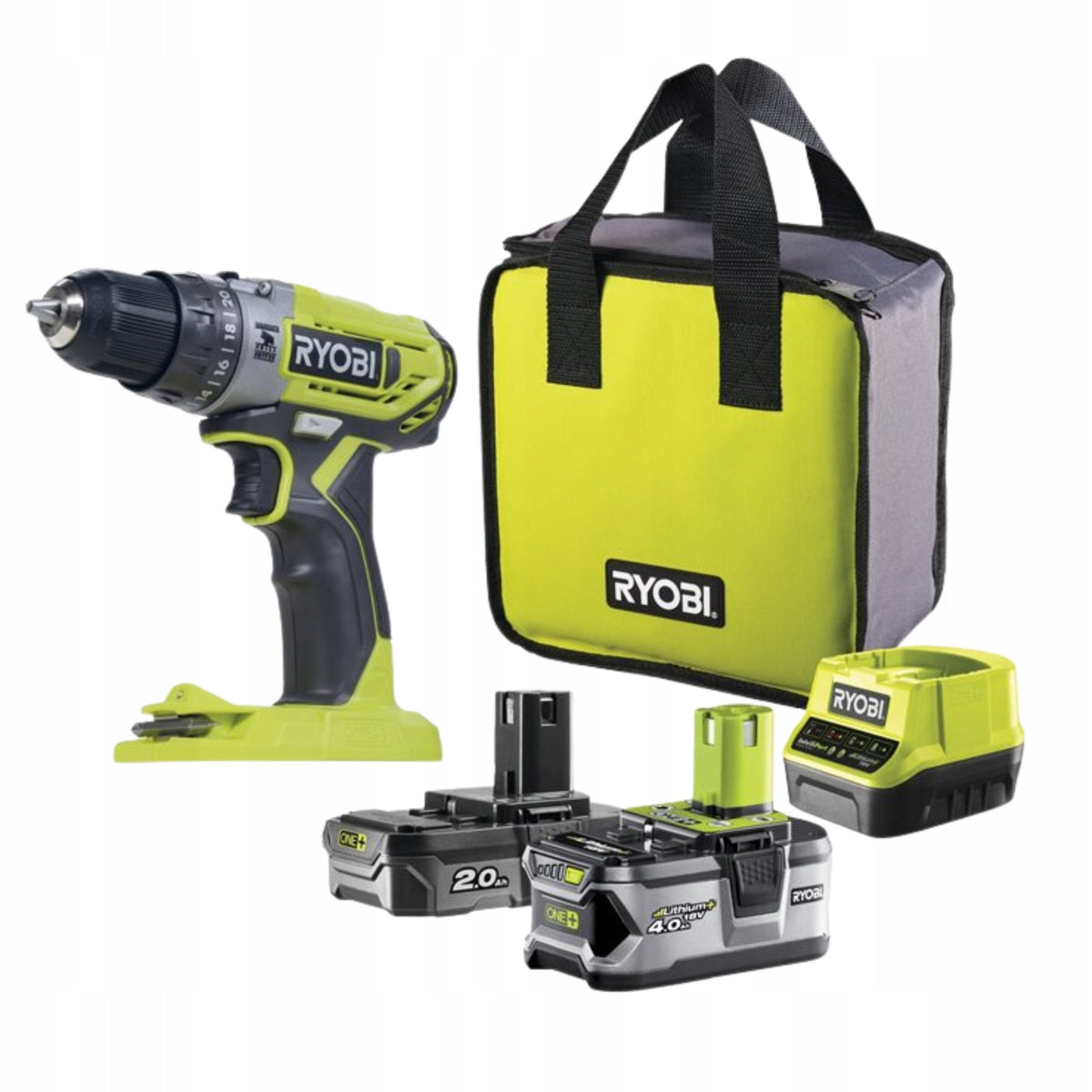 SET OF HAMMER DRILL R18PD2 2AH+4AH + LOAD RYOBI R18PD2-242S