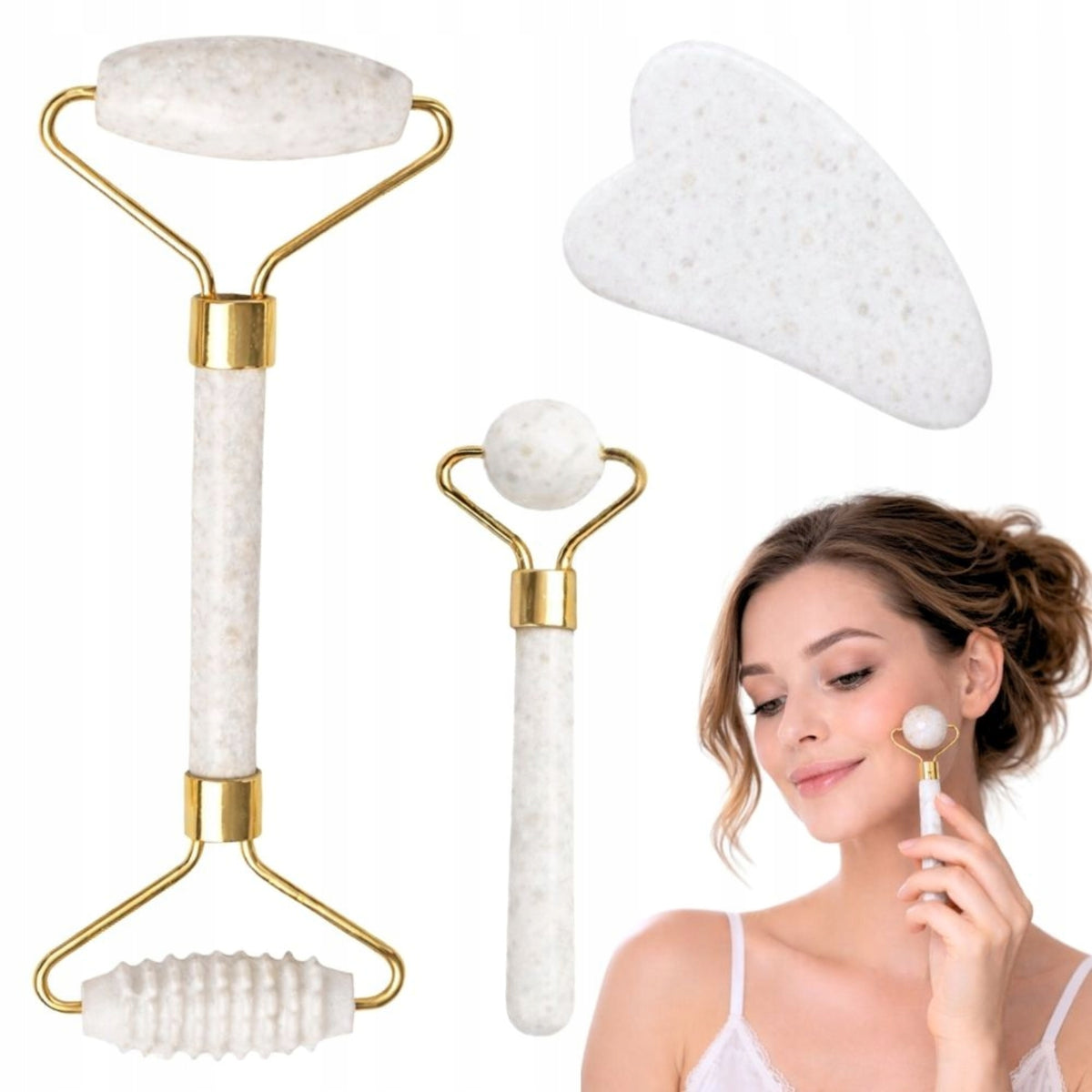 SET OF JAde FACE MASSAGERS roller stone gua sha white
