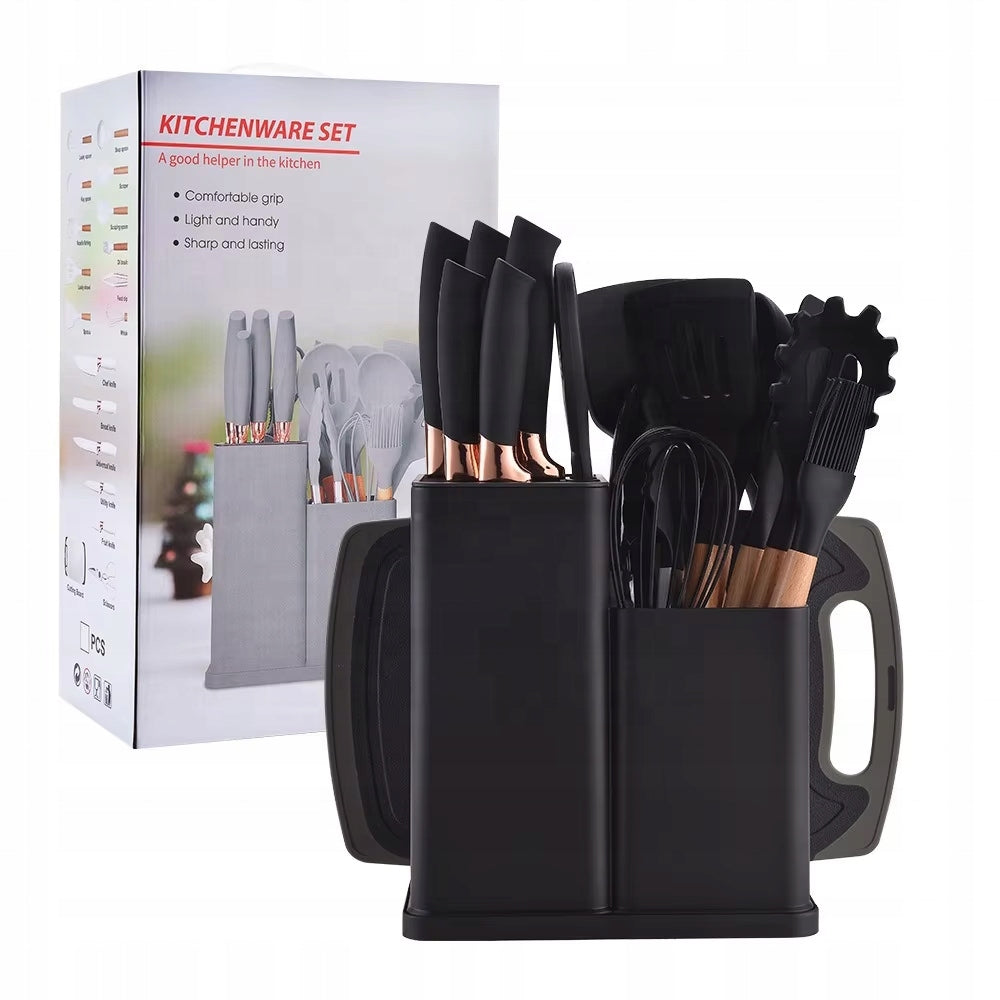 SET OF KITCHEN KNIVES 19EL BLOCK + UTENSILS + BOARD BLACK SET BLACK Brand FOCUS