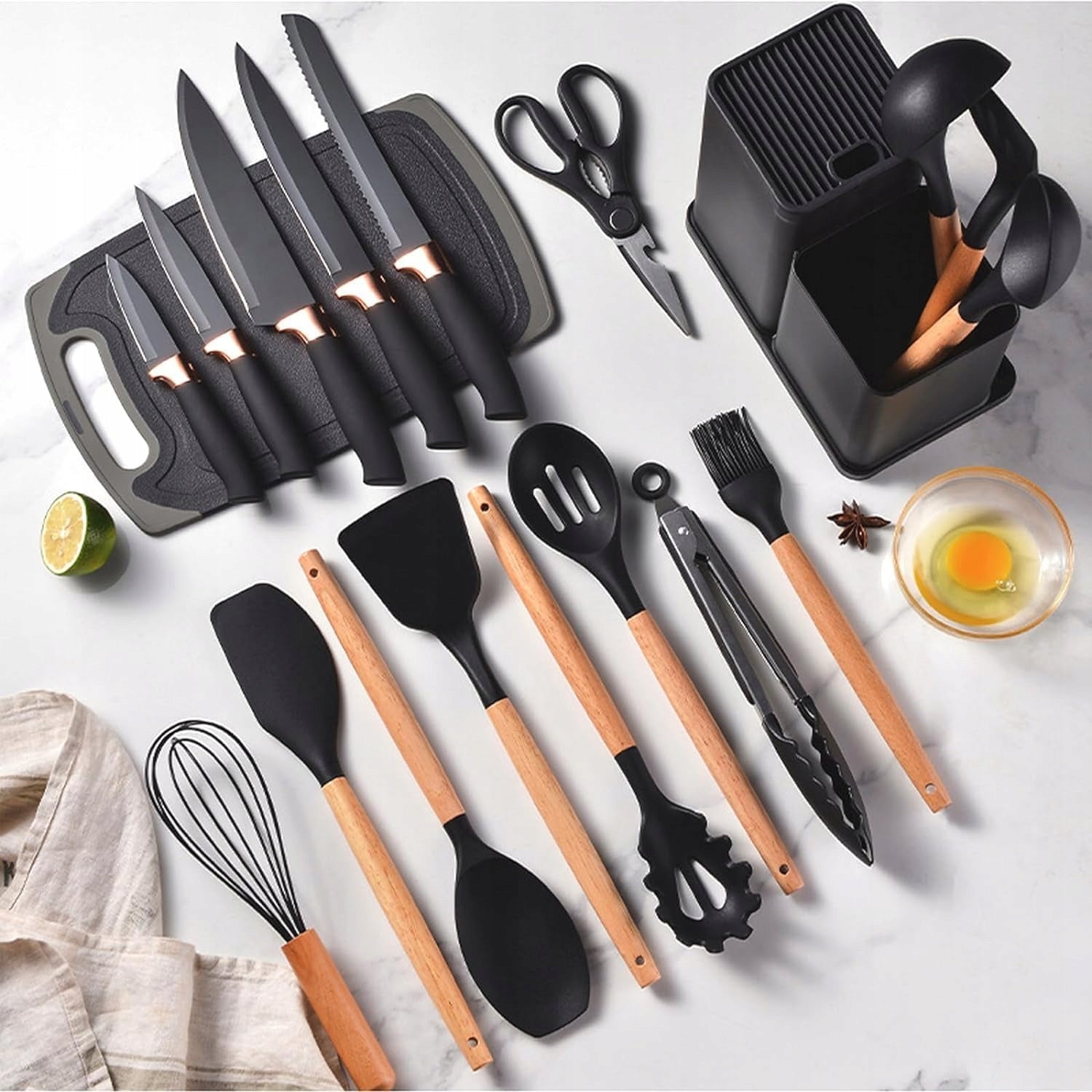 SET OF KITCHEN KNIVES 19EL BLOCK + UTENSILS + BOARD BLACK SET BLACK Brand Unitec
