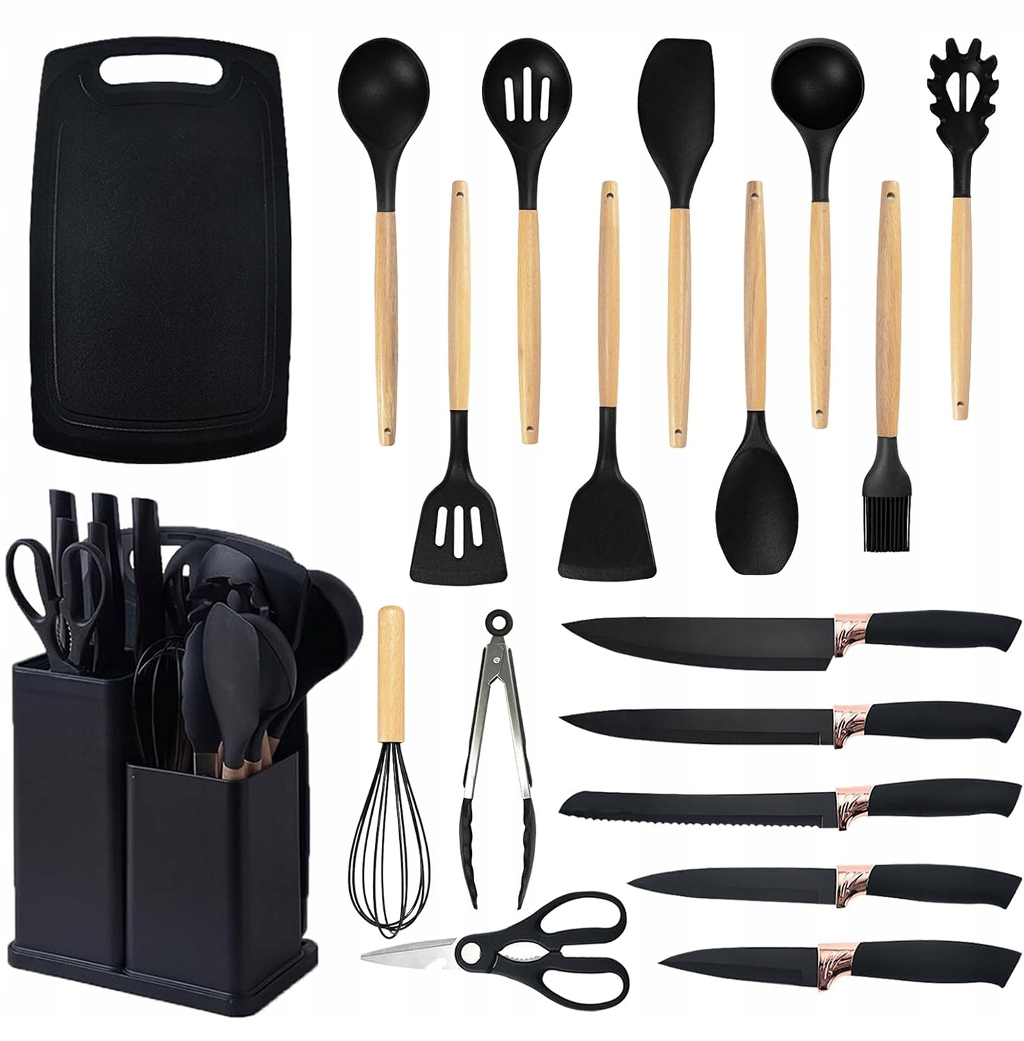 SET OF KITCHEN KNIVES 19EL BLOCK + UTENSILS + BOARD BLACK SET BLACK Packaging status original