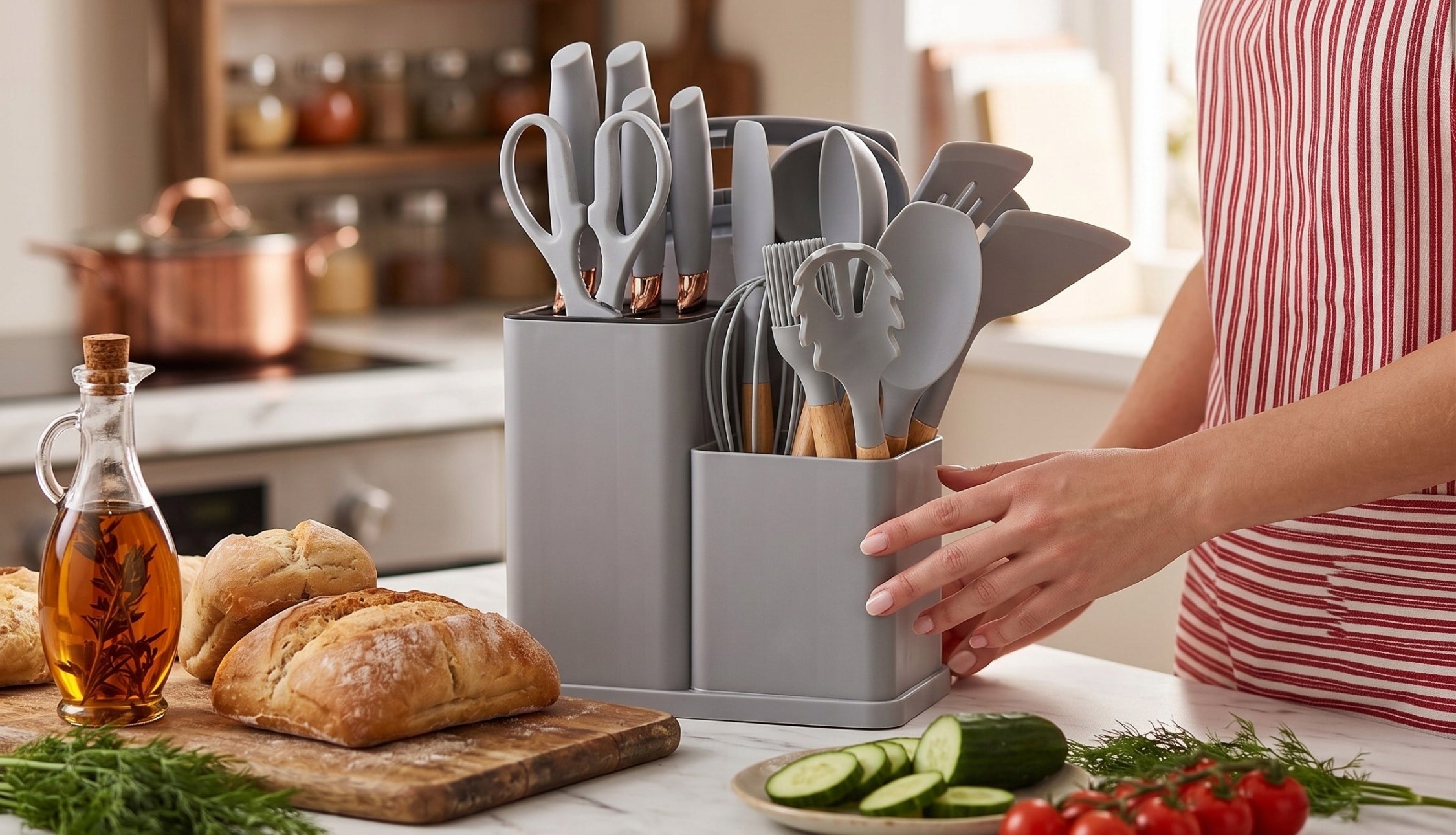 SET OF KITCHEN KNIVES 5 + 12 UTENSILS SET BOARD KNIFE RACK GREY Packaging status original