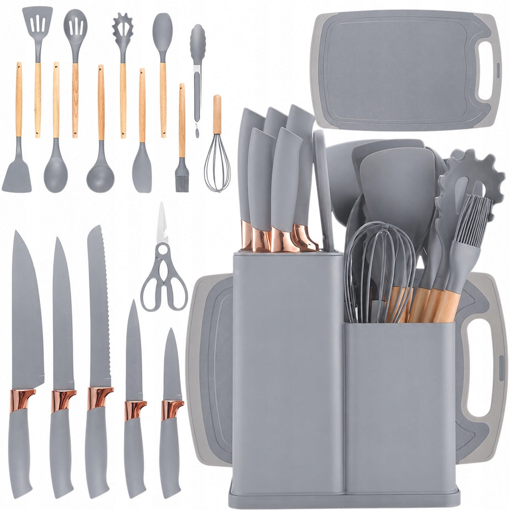 SET OF KITCHEN KNIVES 5 + 12 UTENSILS SET BOARD KNIFE RACK GREY