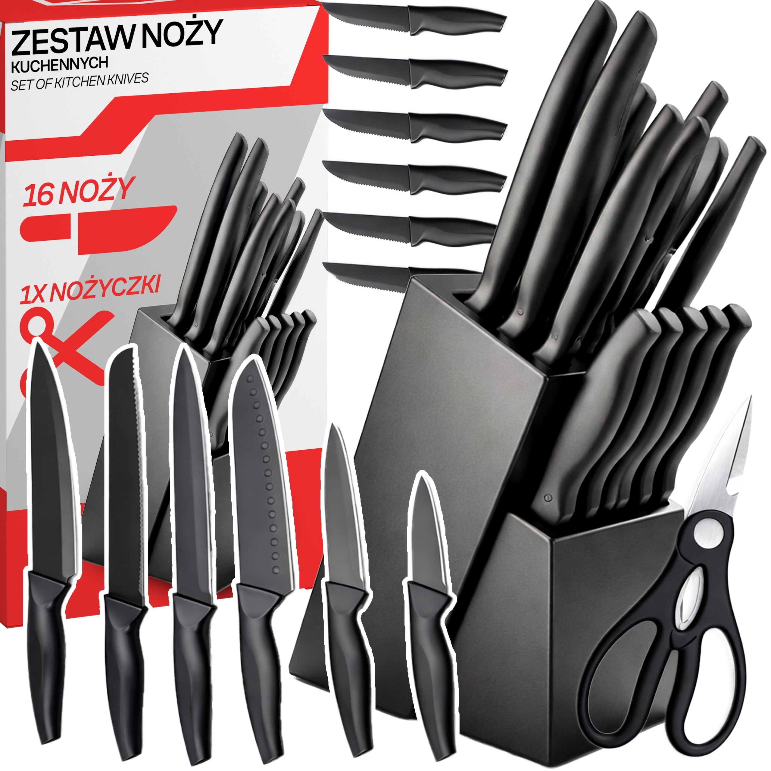 SET OF KITCHEN KNIVES SET OF KNIVES BOSS SHARP 16 PIECES IN BLOCK RACK